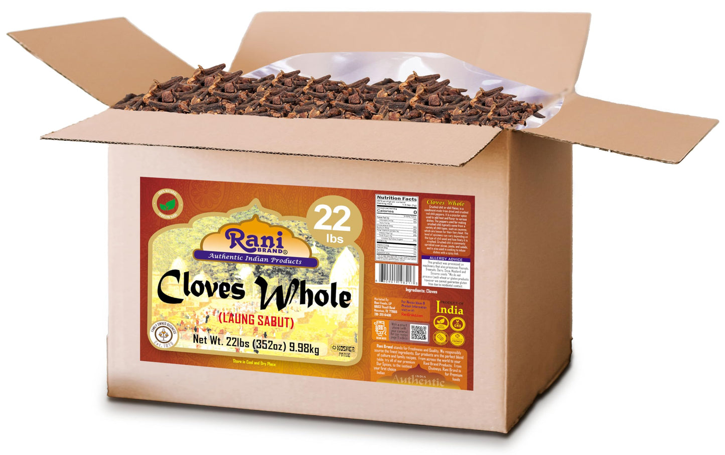 Rani Cloves Whole (Laung) 400oz (25lbs) 11.36kg, Bulk Box, Great for Food, Tea, Pomander Balls and Potpourri, Hand Selected, Spi