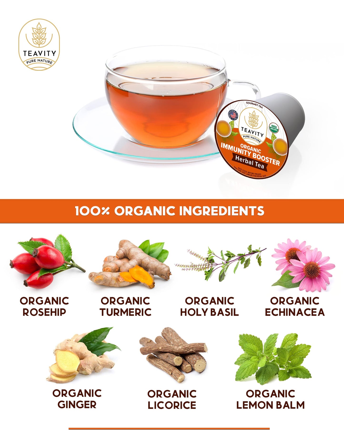 Organic Ginger With Echinacea, Turmeric, And Licorice For Keurig Decaf Tea By Teavity (24 Tea Pods)