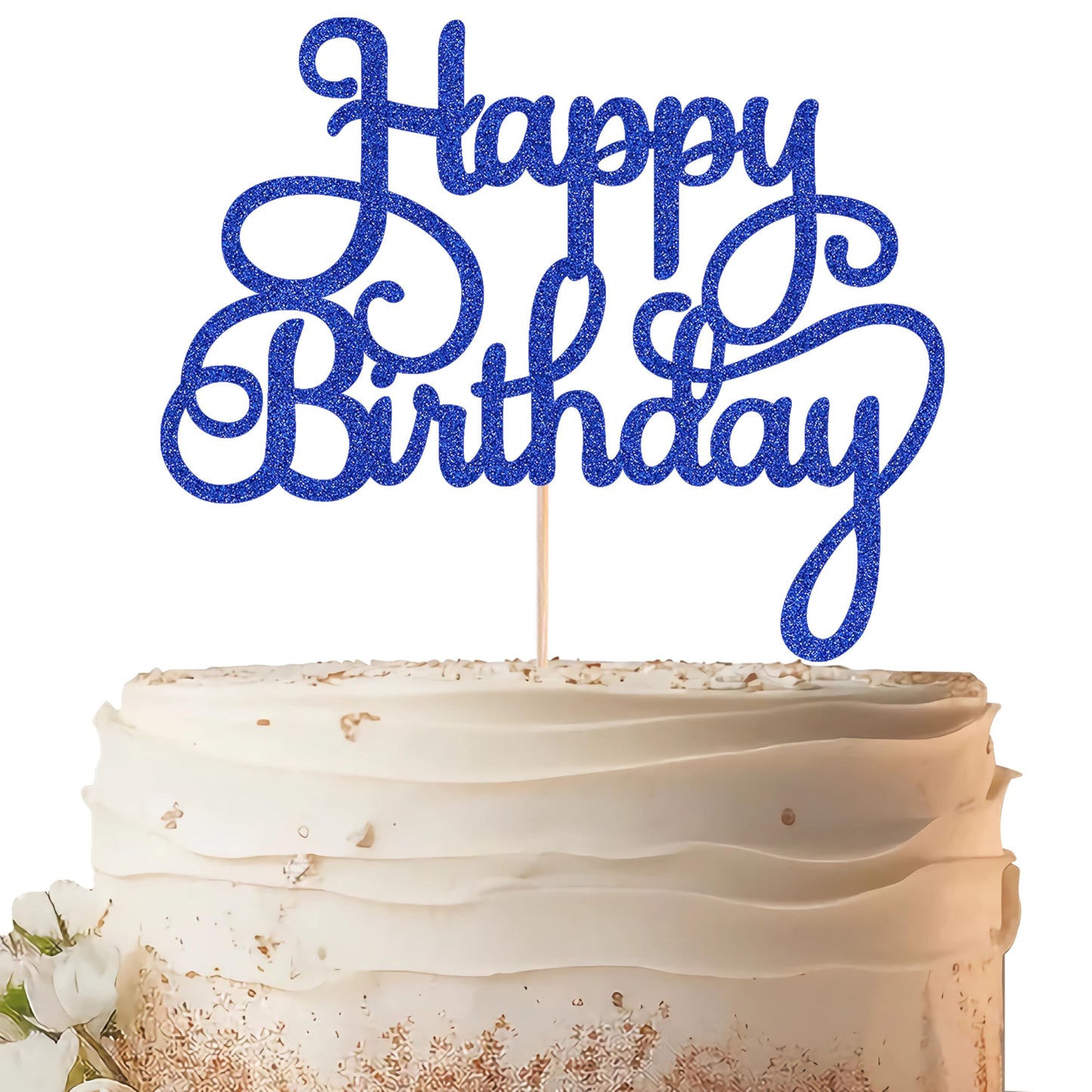EONNCNT Happy Birthday Cake Topper - Royal Blue Glitter - 6.3x8.2 inches - Paper Decoration for Birthday and Anniversary Party
