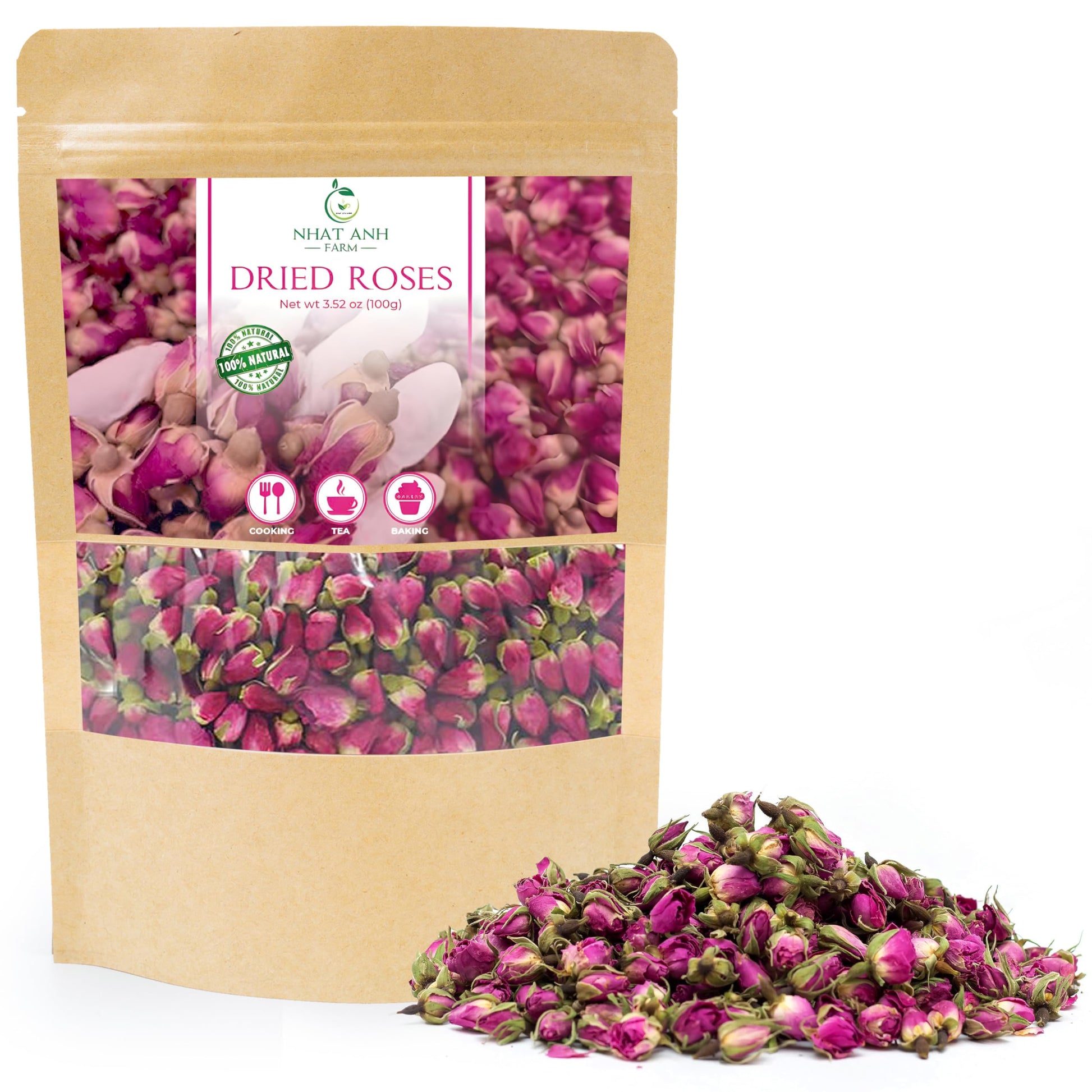 Nhat Anh Farm - Top-Grade Dried Rose Buds - 3.5Oz (100G) Dried Rose Buds Natural & Pure  Sugar/Energy Blend/Gluten Free - For Making Tea