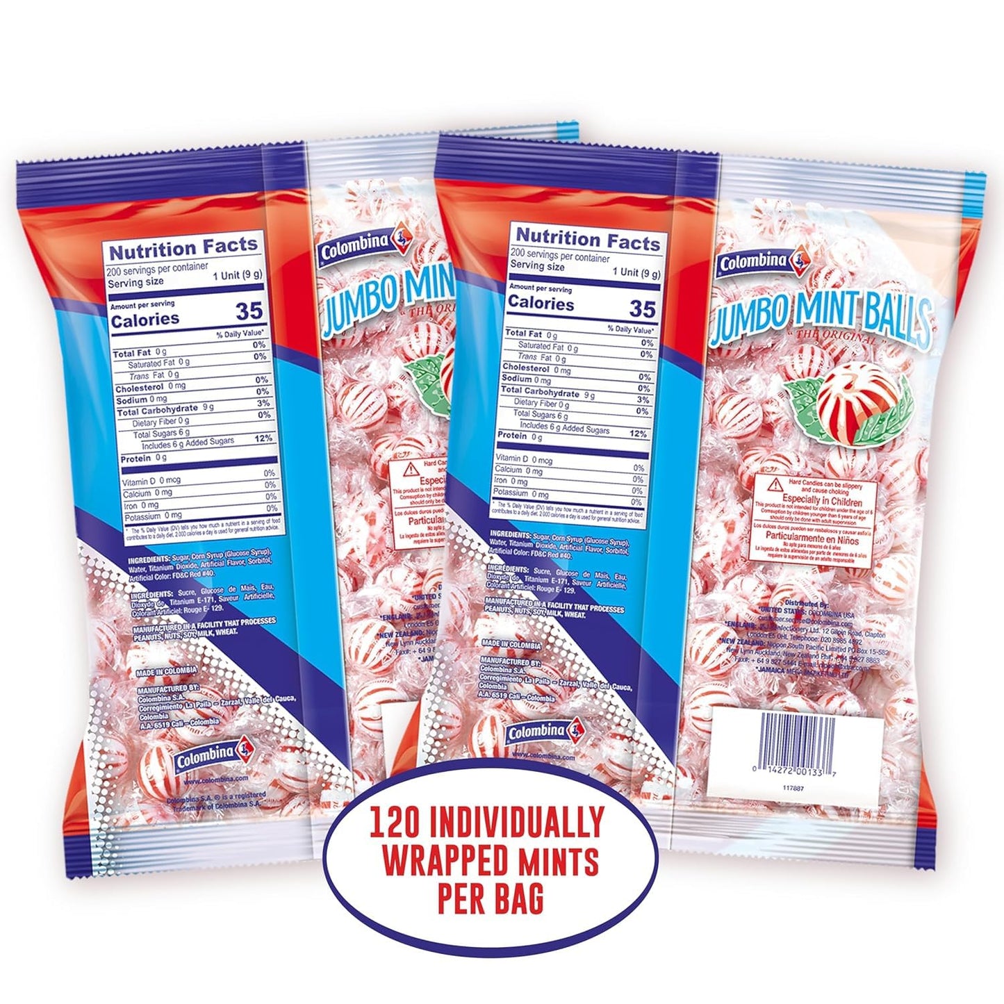 Colombina Jumbo Peppermint Balls, Individually Wrapped Red & White Hard Candy Delights, 2 Pack (240 Count)