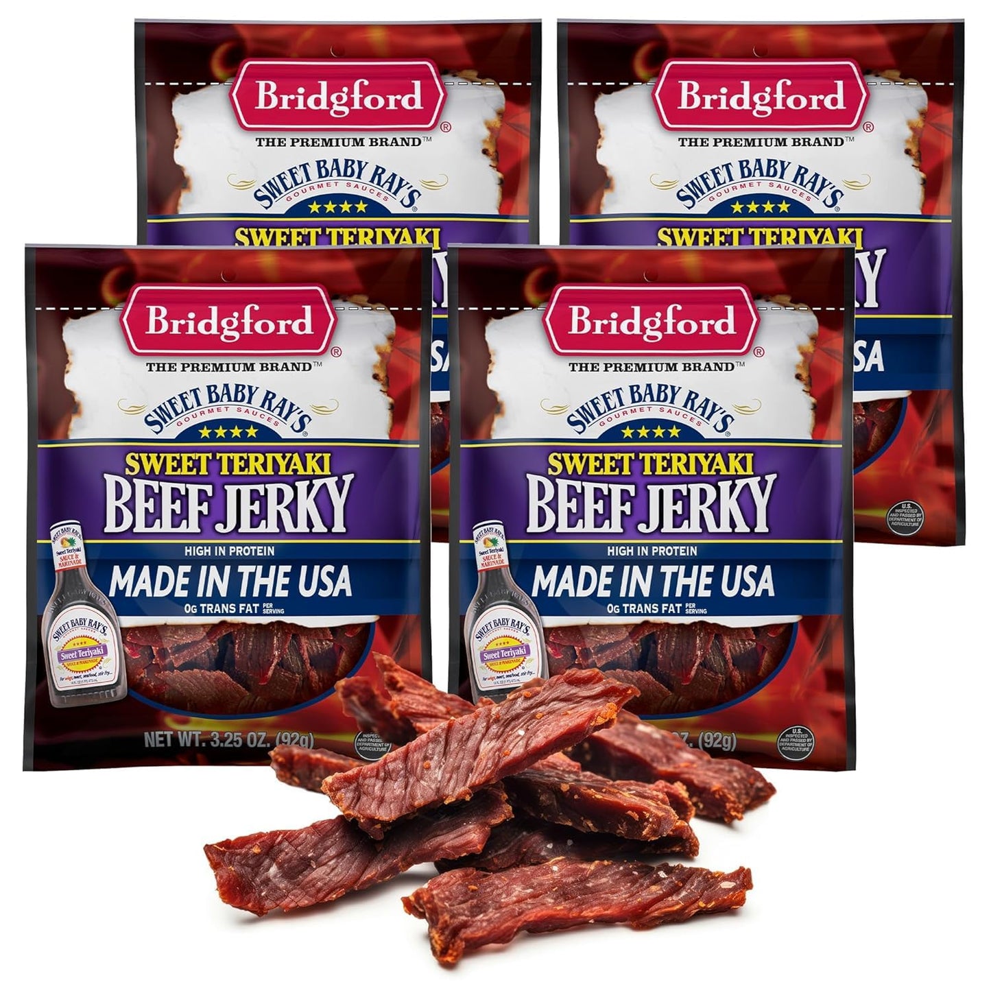 Bridgford Sweet Baby Rays Beef Jerky Sweet Teriyaki 3.25 oz Pack of 4 - Protein-Rich Snacks for Low Carb and High Protein Diets 