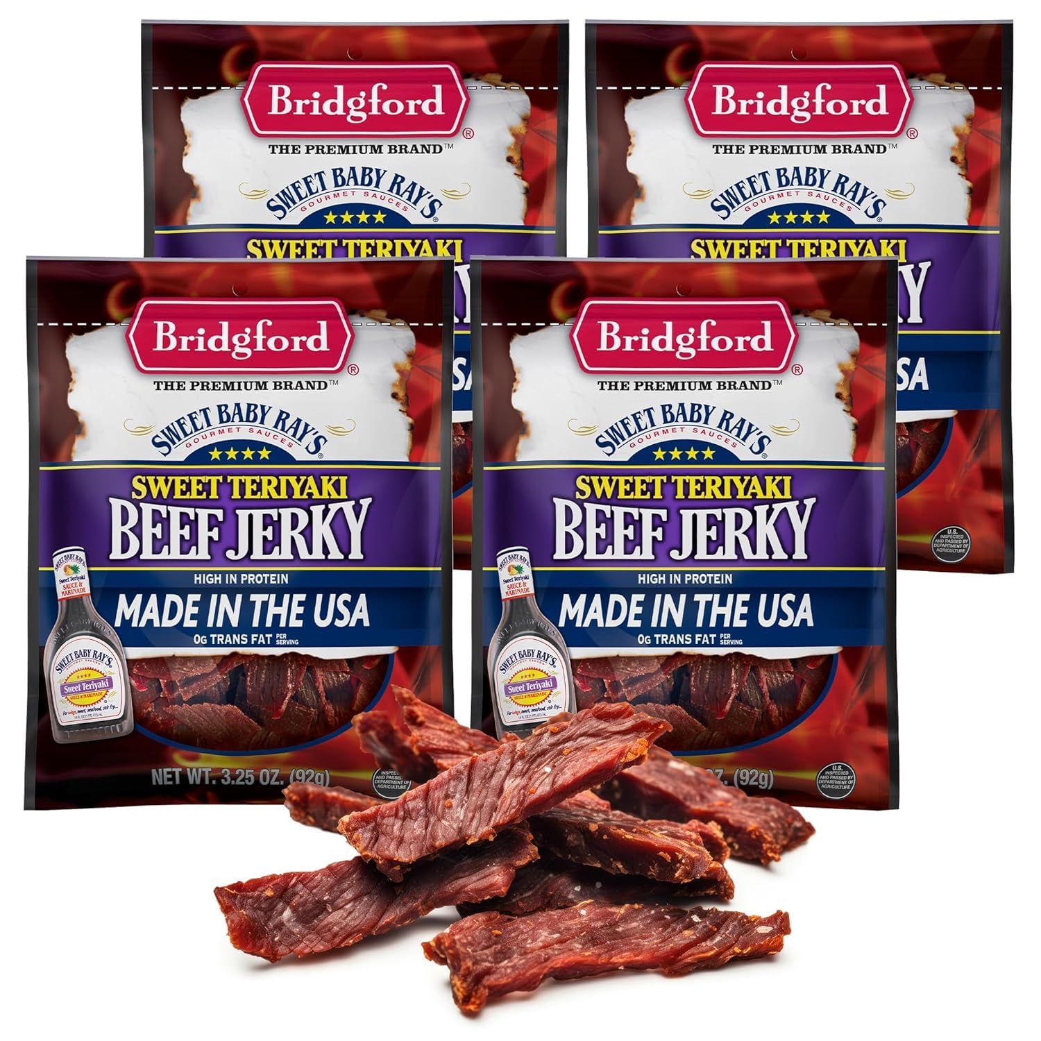 Bridgford Sweet Baby Rays Beef Jerky Sweet Teriyaki 3.25 oz Pack of 4 - Protein-Rich Snacks for Low Carb and High Protein Diets 