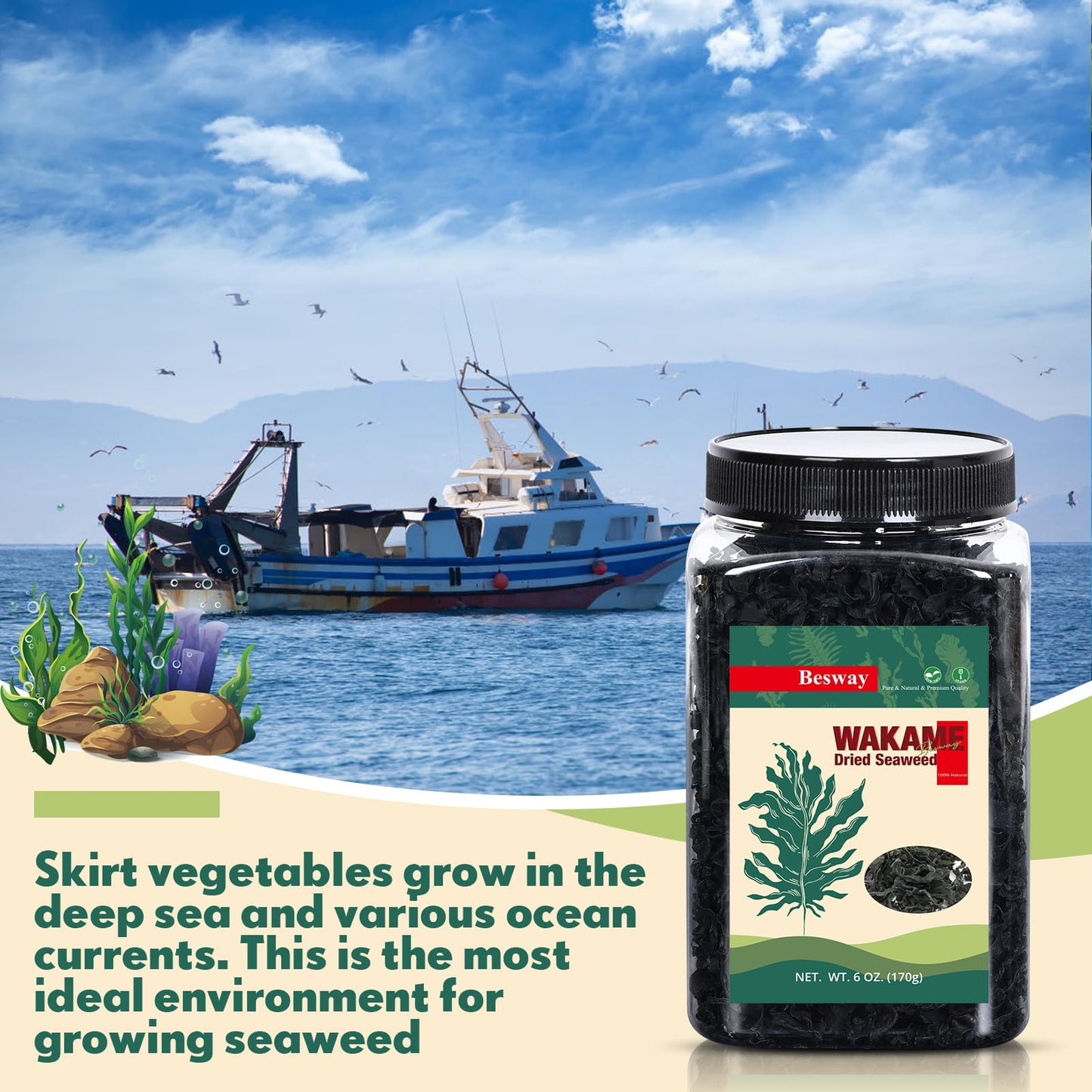 Besway Wakame Seaweed 6 Oz, 100% Nature Dried Seaweed For Seaweed Salad, Flavorful Soups & Stews, Healthy Dried Vegetables Non-G