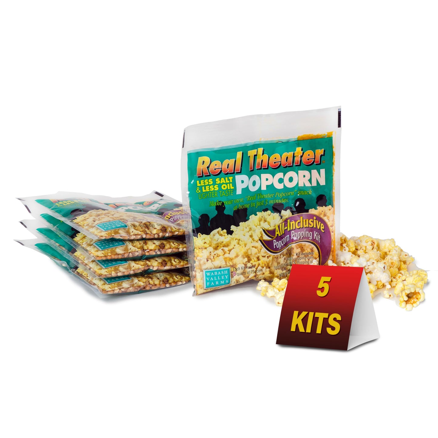 Real Theater Popcorn Packs – All Inclusive Popping Kits with Less Salt & Less Oil – Yellow Popcorn Kernels, Salt & Oil – Whirley Pop Machine – Wabash Valley Farms (5.5 Ounce, Pack of 5)