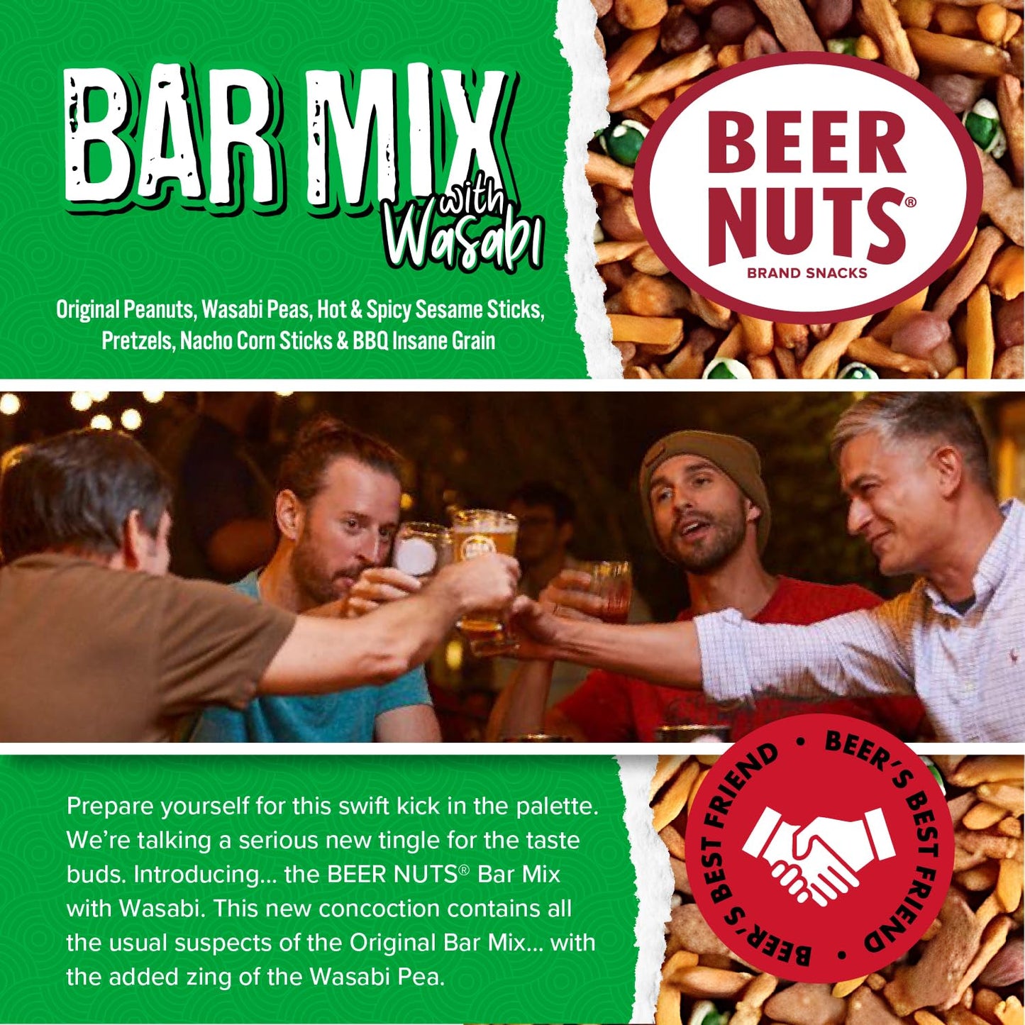 malt-inspired NUTS Bar Mix with Wasabi, Pretzels, Cheese Stix & Peas, 20oz Resealable Bag, Pack of 2