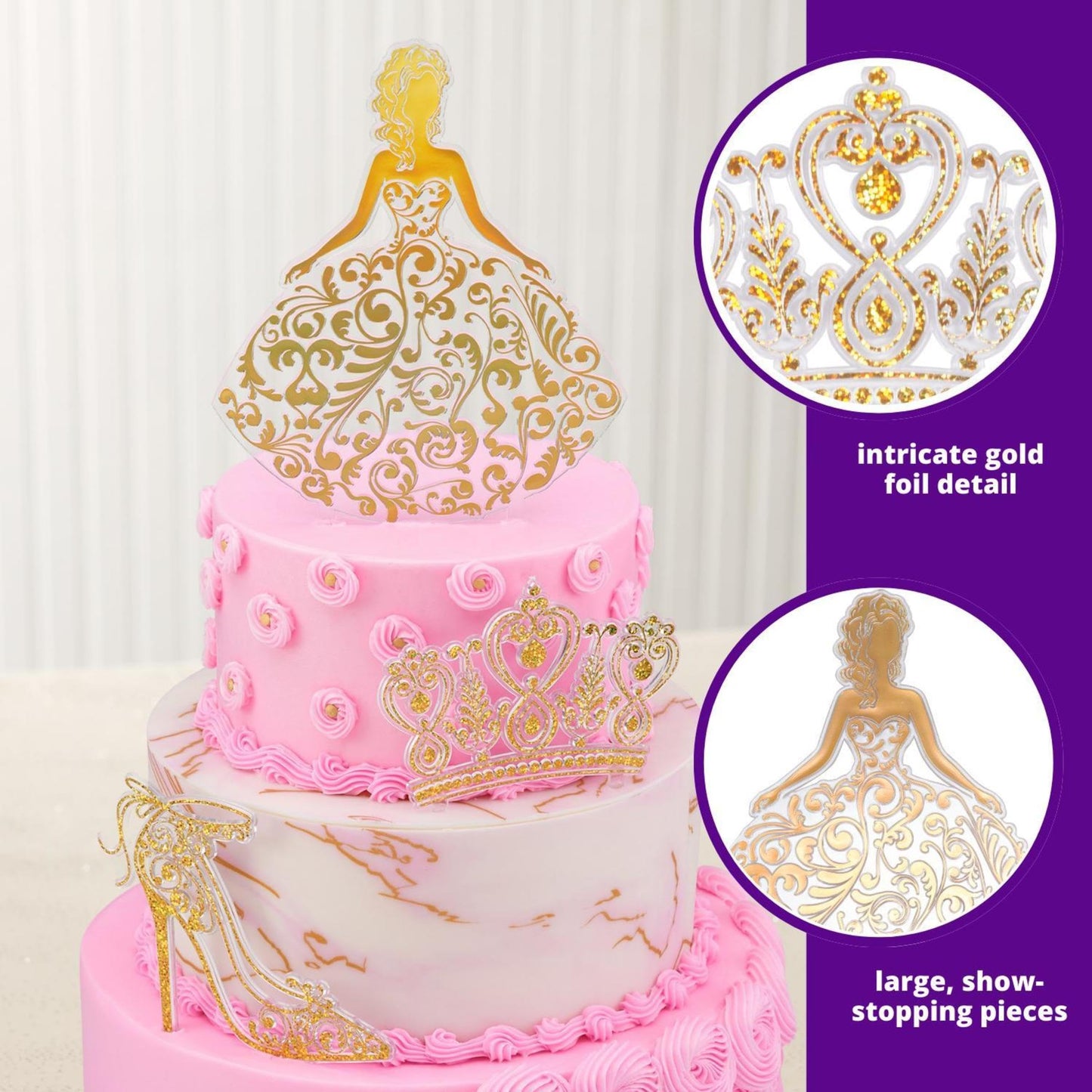 DecoPac QUINCEANERA Cake Decorating Kit, XL-GOLD Toppers, 3/PKG, Plastic for Girls Sweet 15 Birthdays, Model 24824