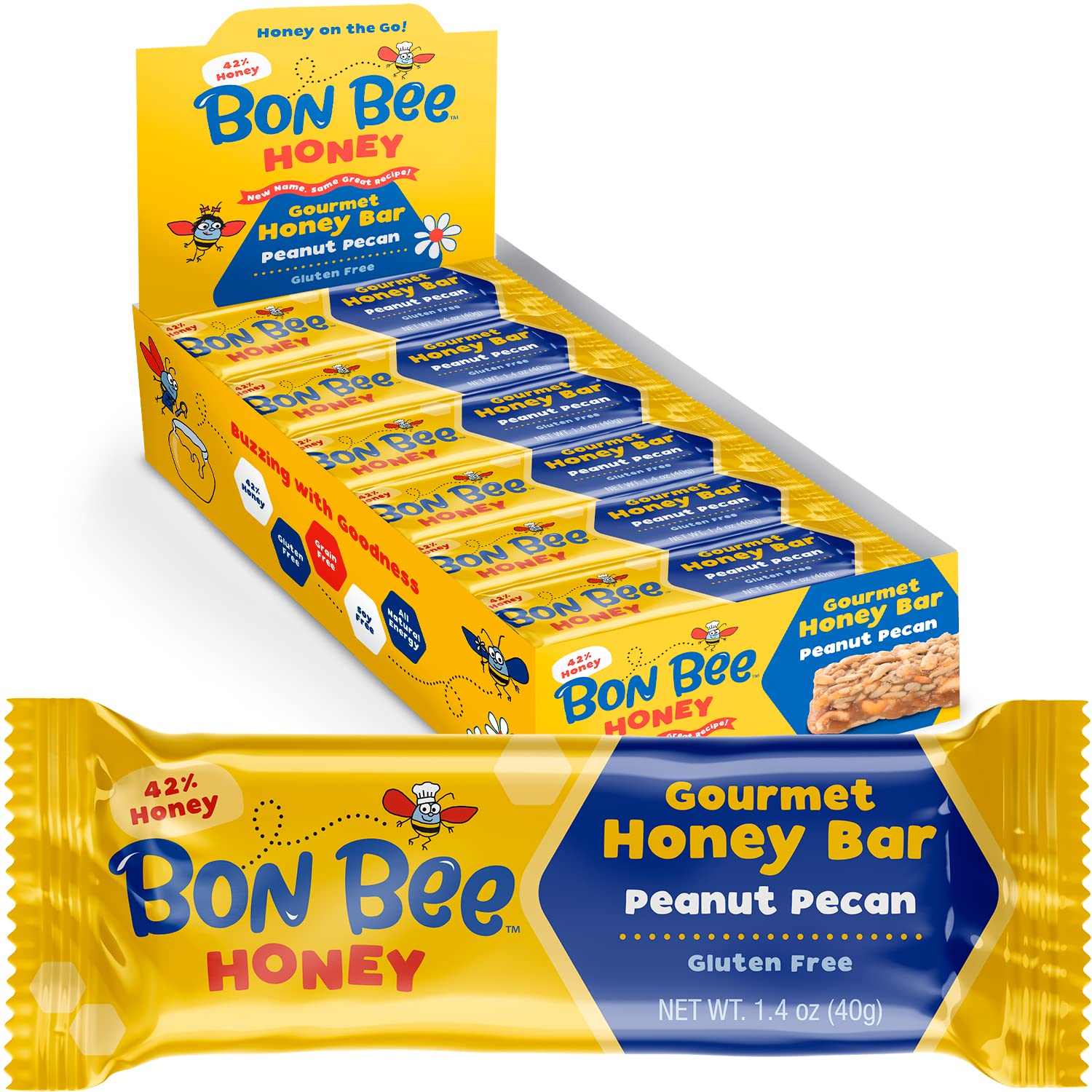 Bon Bee Honey Bunchies All Natural Honey Bar - Natural Breakfast & Nutrition Bars For Healthy Energy & Fuel - Variety Of Delicious Highlights & Perfectly Balanced, 24-1.4Oz Bars