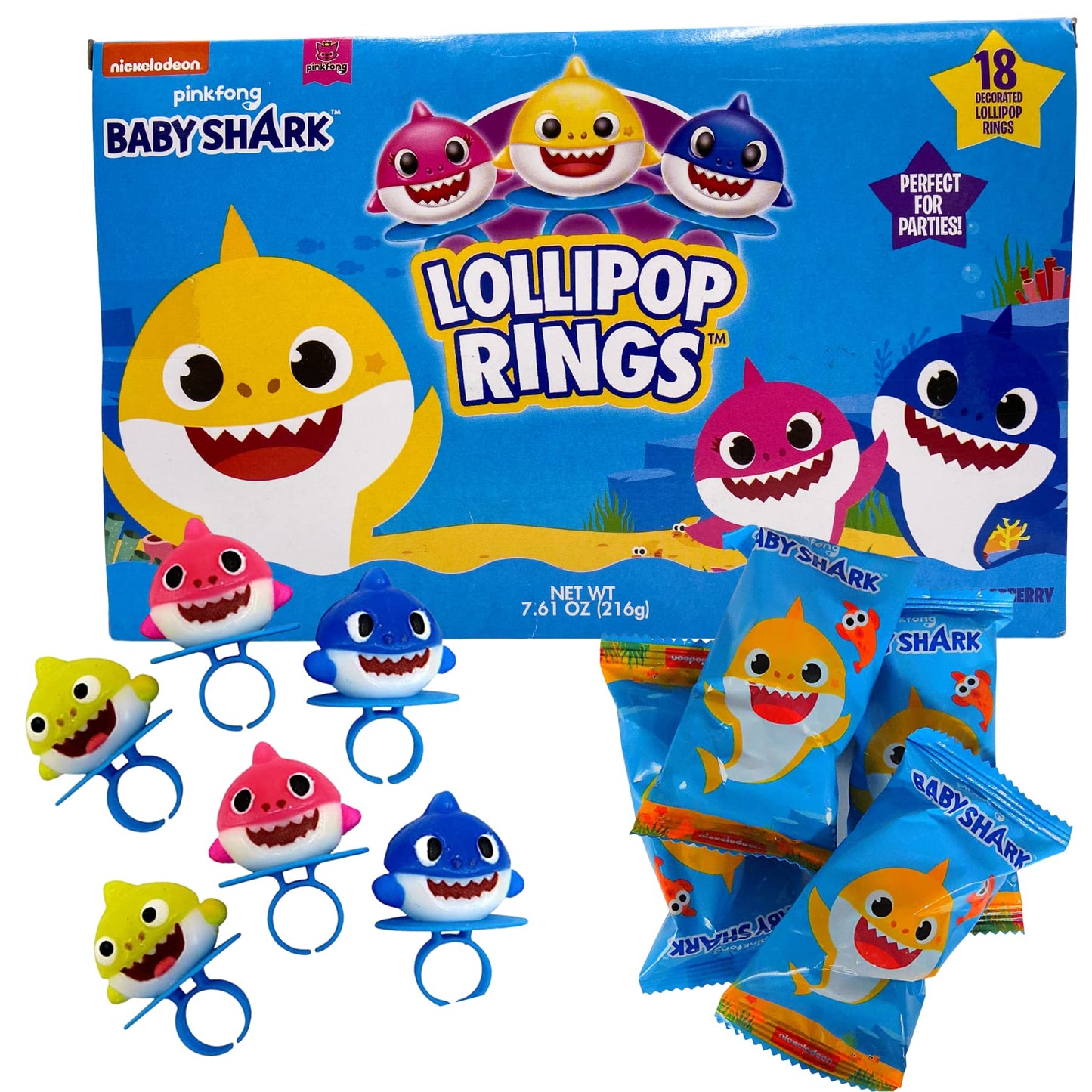 Imaginings 3 Baby Shark Lollipop Rings, Assorted Fruit Flavors, 20 Count, Individually Wrapped