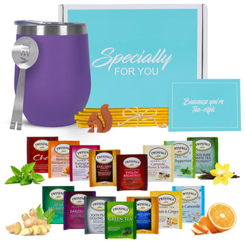 Modern Elegance Tea Gift Set, Includes 15 Teas, Stainless Steel Tumbler, Honey Straws, Tea Spoon Squeezer, Squirrel Tea Bag Hold