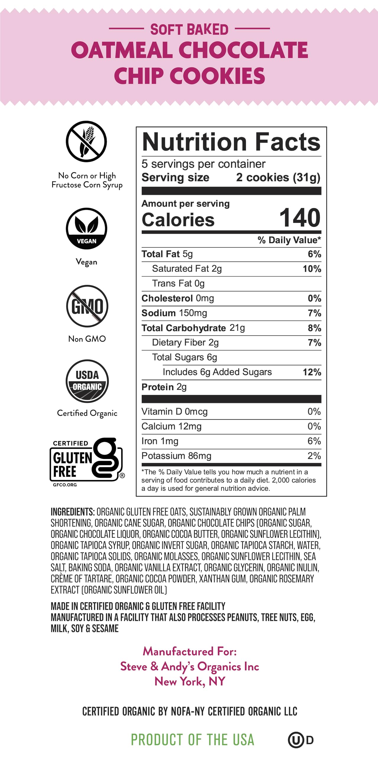 Plant-Based Oatmeal Chocolate Chip Cookies By Steve & Andys, Organic And Gluten Free Soft-Baked, Non-Gmo And Kosher Certified, 5