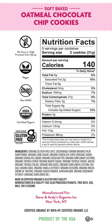 Plant-Based Oatmeal Chocolate Chip Cookies By Steve & Andys, Organic And Gluten Free Soft-Baked, Non-Gmo And Kosher Certified, 5