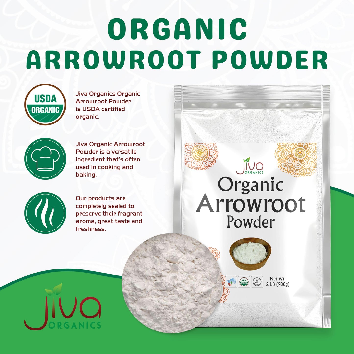 Jiva Organics Organic Arrowroot Flour (Powder) 2 Pound Bag - Raw, Non-GMO