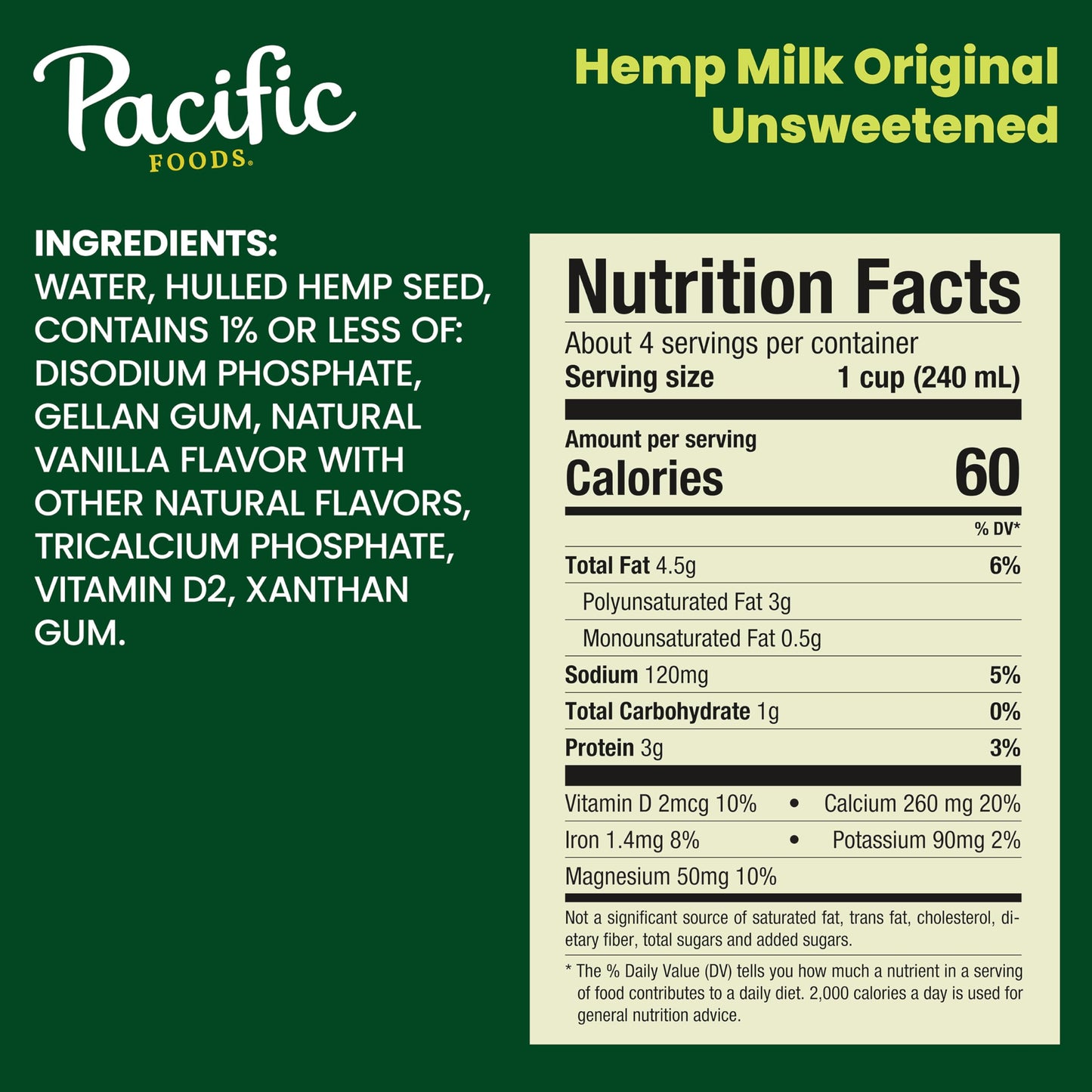 Pacific Foods Hemp Original Unsweetened Plant-Based Milk, Keto Friendly, 32 Fl Oz (Pack of 12)