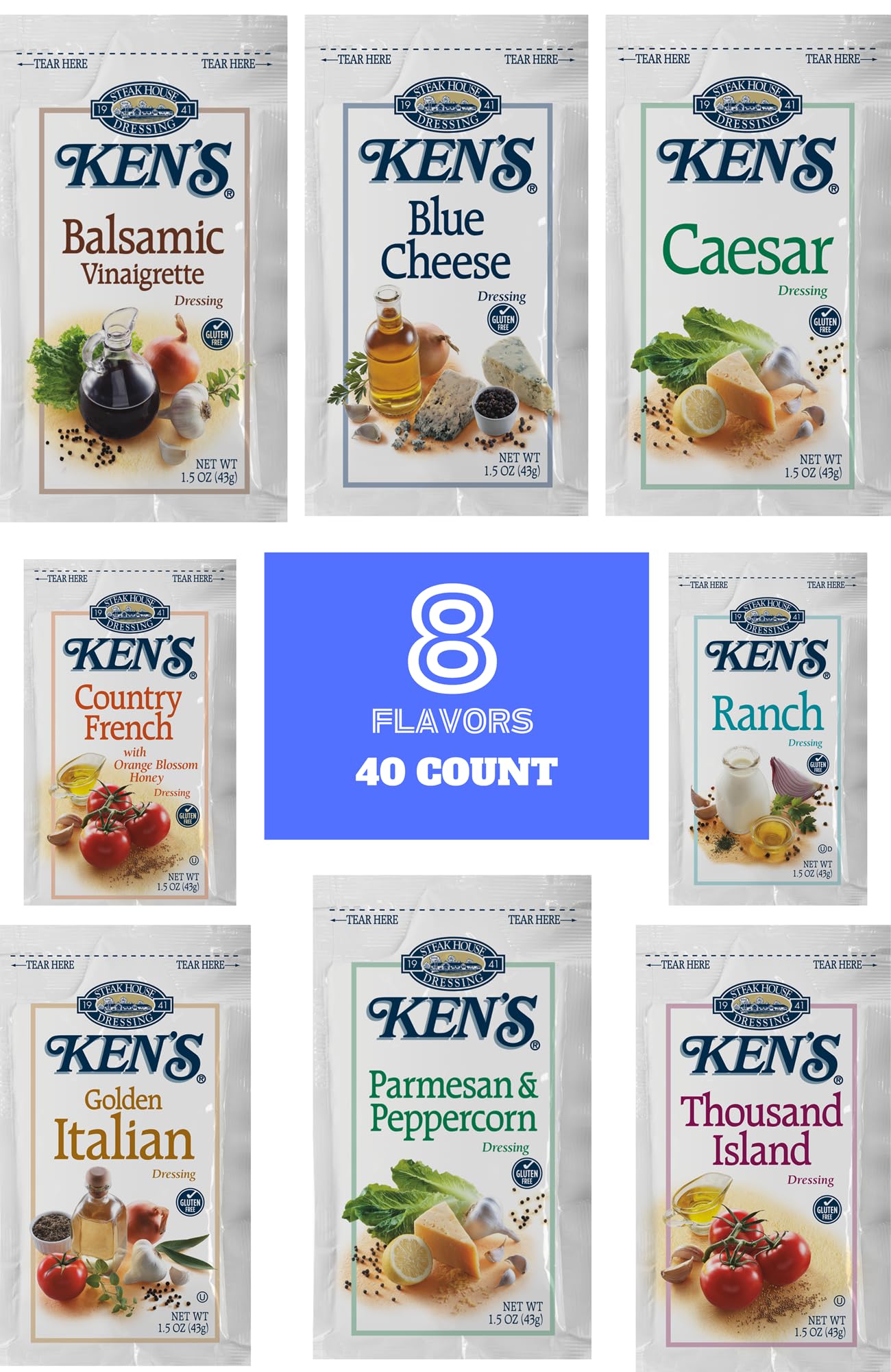 40 Count | Salad Dressing Packets | 8 Flavors: Balsamic Vinaigrette, Blue Cheese, Caesar, Country French, Ranch, Golden Italian,