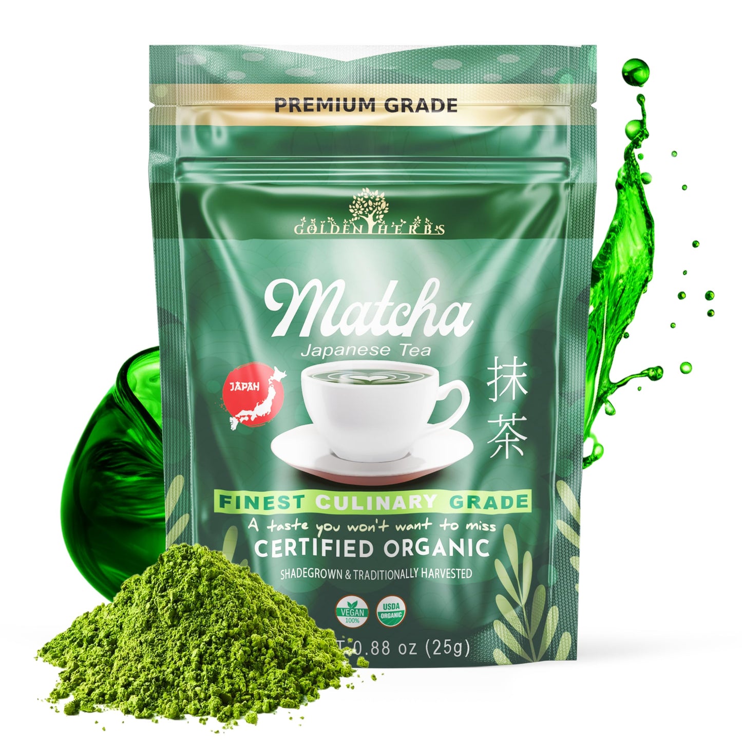 GOLDEN HERBS Matcha Green Tea Powder, USDA Organic, 100% Pure, Gluten-Free Vegan, Culinary Quality, 30 Grams, Resealable Pouch