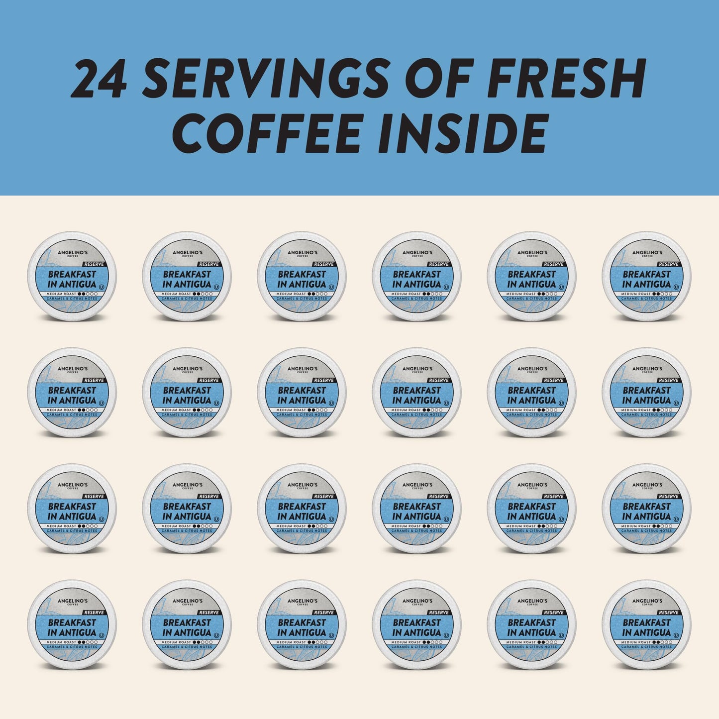 Angelinos Coffee Breakfast in Antigua Coffee Pods - Breakfast Blend Coffee K Cups Compatible  Medium Roast Coffee  Reserve  Chocolate & Caramel Notes  Citrus Hints  Guatemala Origin  24 Count - enhanced Breakfast Blend Coffee for Keurig Machines
