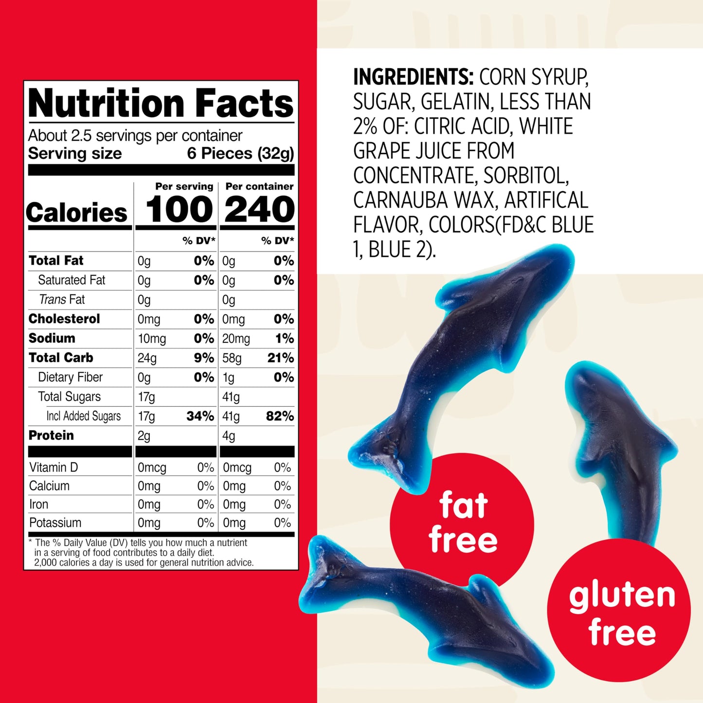 Snak Club Gummy Sharks Candy, Blue Raspberry, Fat-Free & Gluten-Free, 2.75oz x 12 Bags, Model 1785774