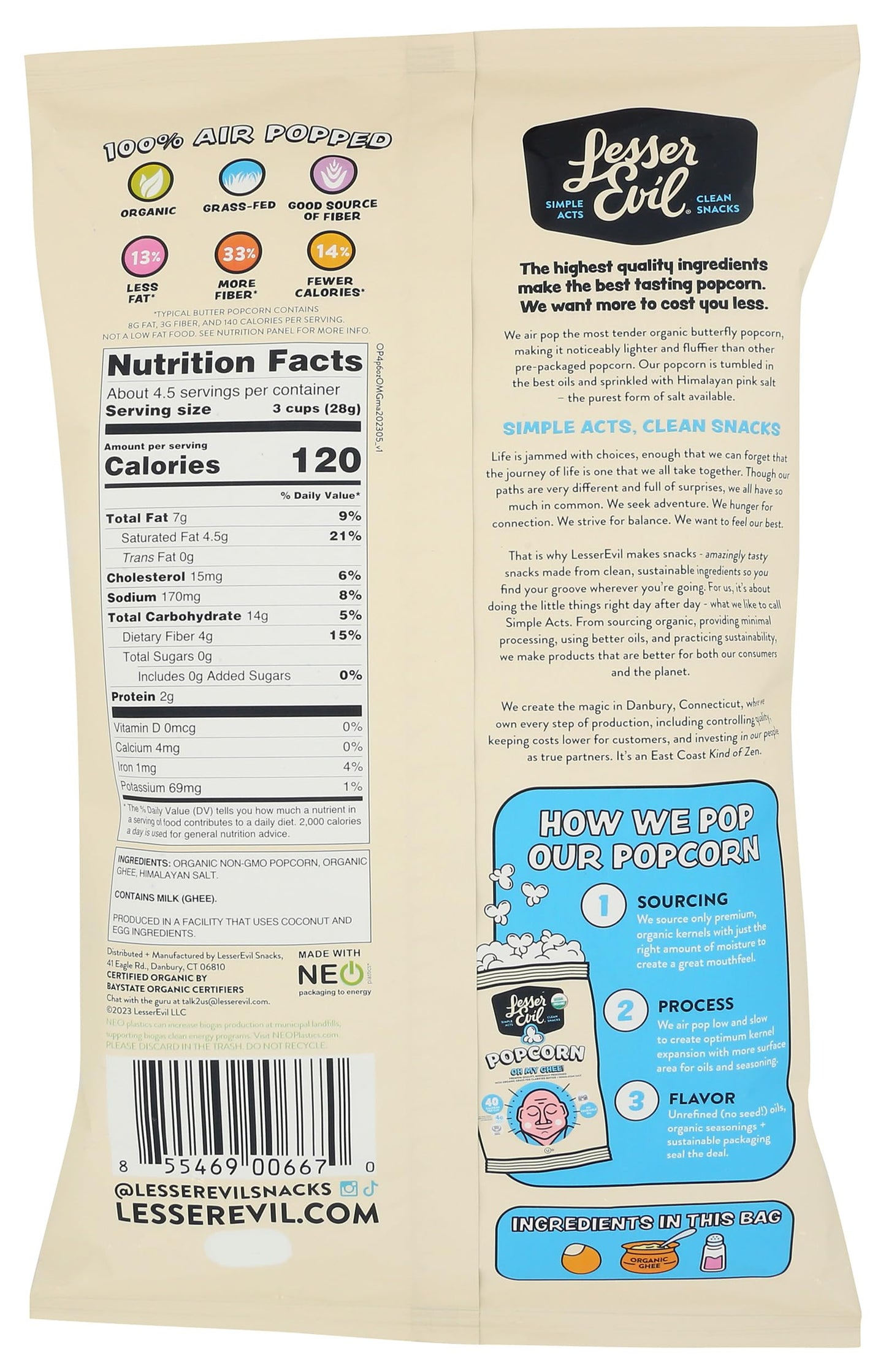 LesserEvil Oh My Ghee Organic Popcorn, 5 Oz