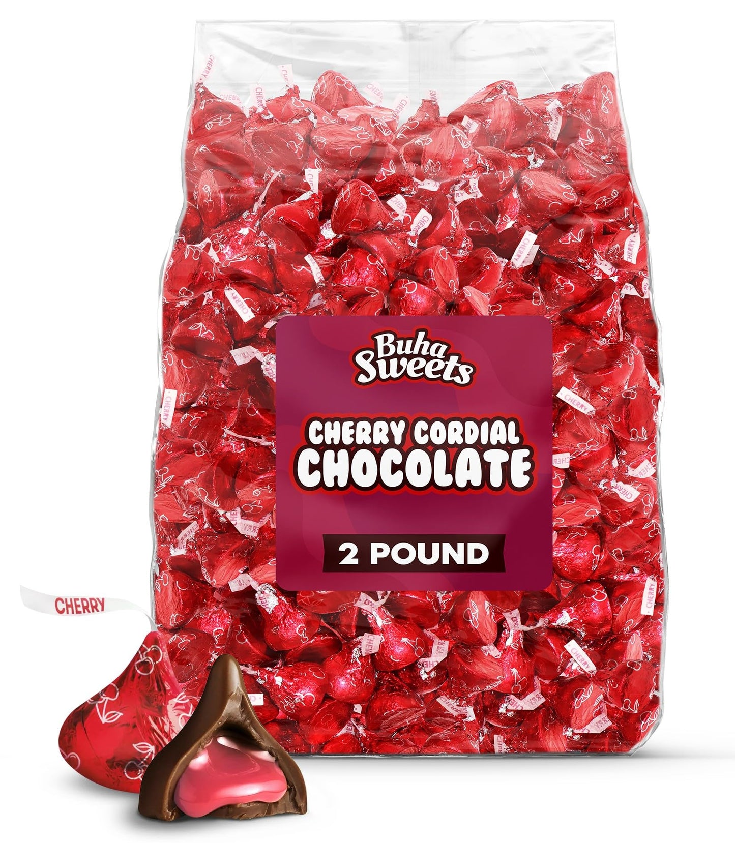 Buha Sweets Cherry Cordial Milk Chocolate Candies, 2lb Bag, Individually Wrapped, Red, Perfect for Holidays and Gifts
