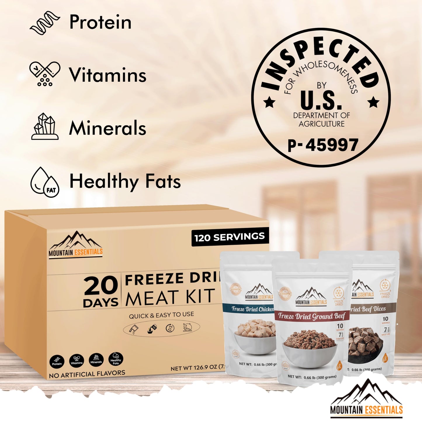 Mountain Essentials 120 Servings Freeze Dried Enhanced Variety Fully Cooked Meat Kit | High Protein Intake Contains 2988 Protein Ready To Eat Emergency Survival Easy Prep Food For Camping & Backpacking