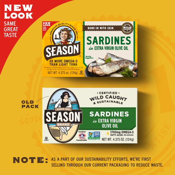 Season Sardines in Extra Virgin Olive Oil - Wild Caught, 22g of Protein, Keto Snacks, More Omega 3 s Than Tuna, Kosher, High in