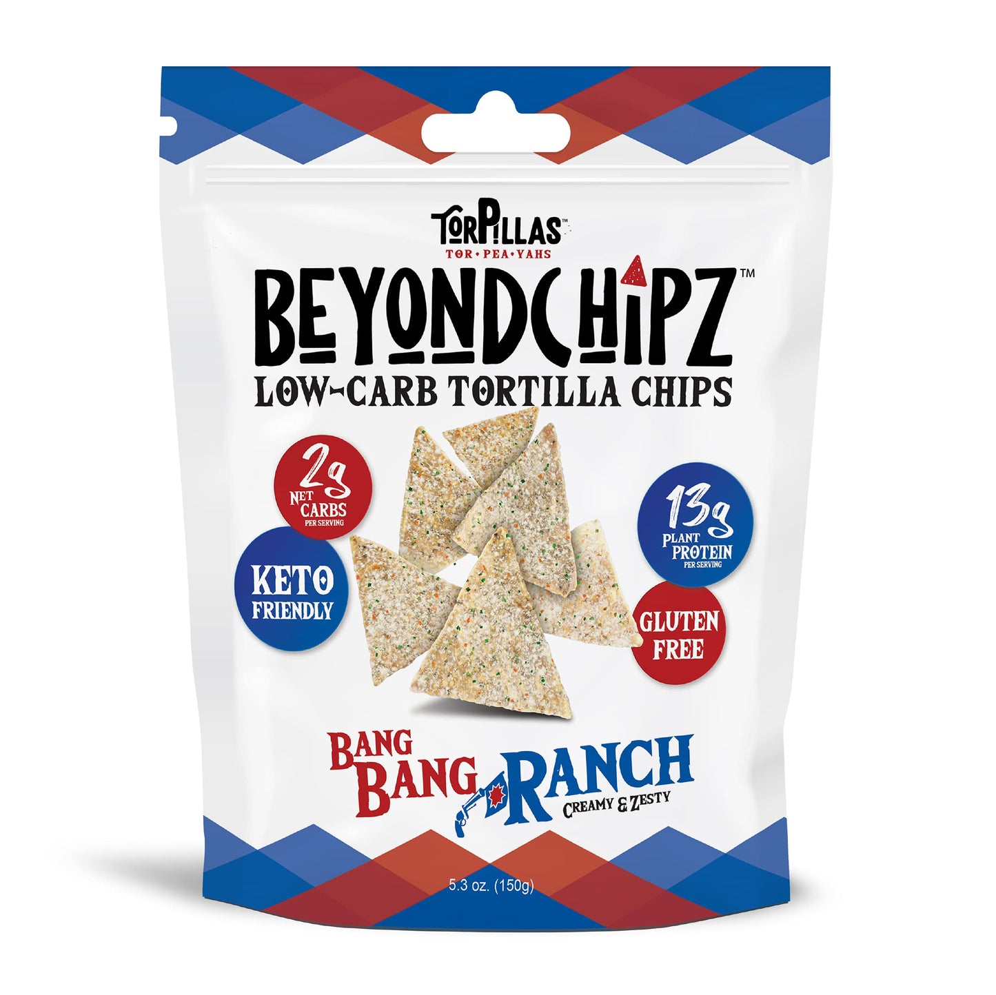BeyondChipz Keto Tortilla Chips, Low Carb, 2g Net Carbs, 13g Pea Protein, Bang Bang Ranch Flavor, 5.3oz Bag, Gluten Free, Grain