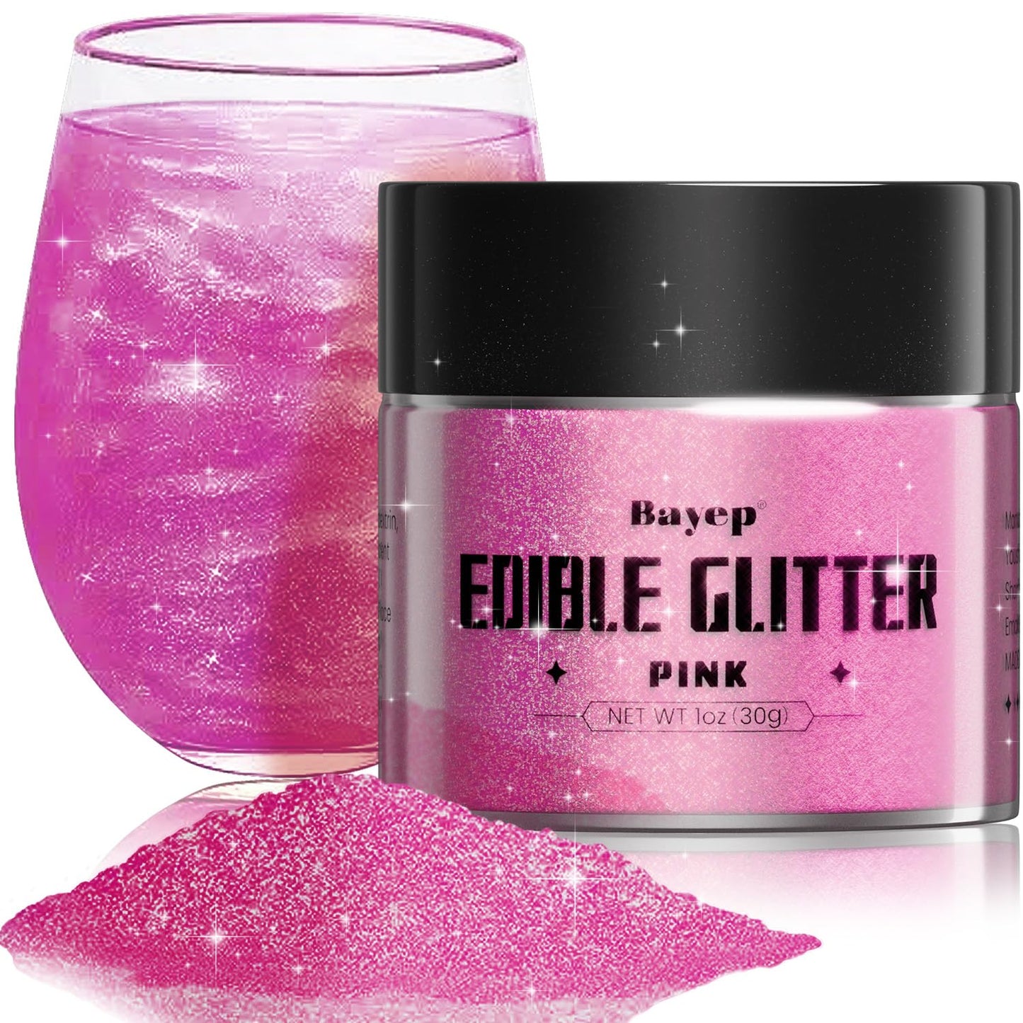 Bayep Shimmer Pink Edible Glitter for Drinks, 30g Luster Dust for Cakes and Parties
