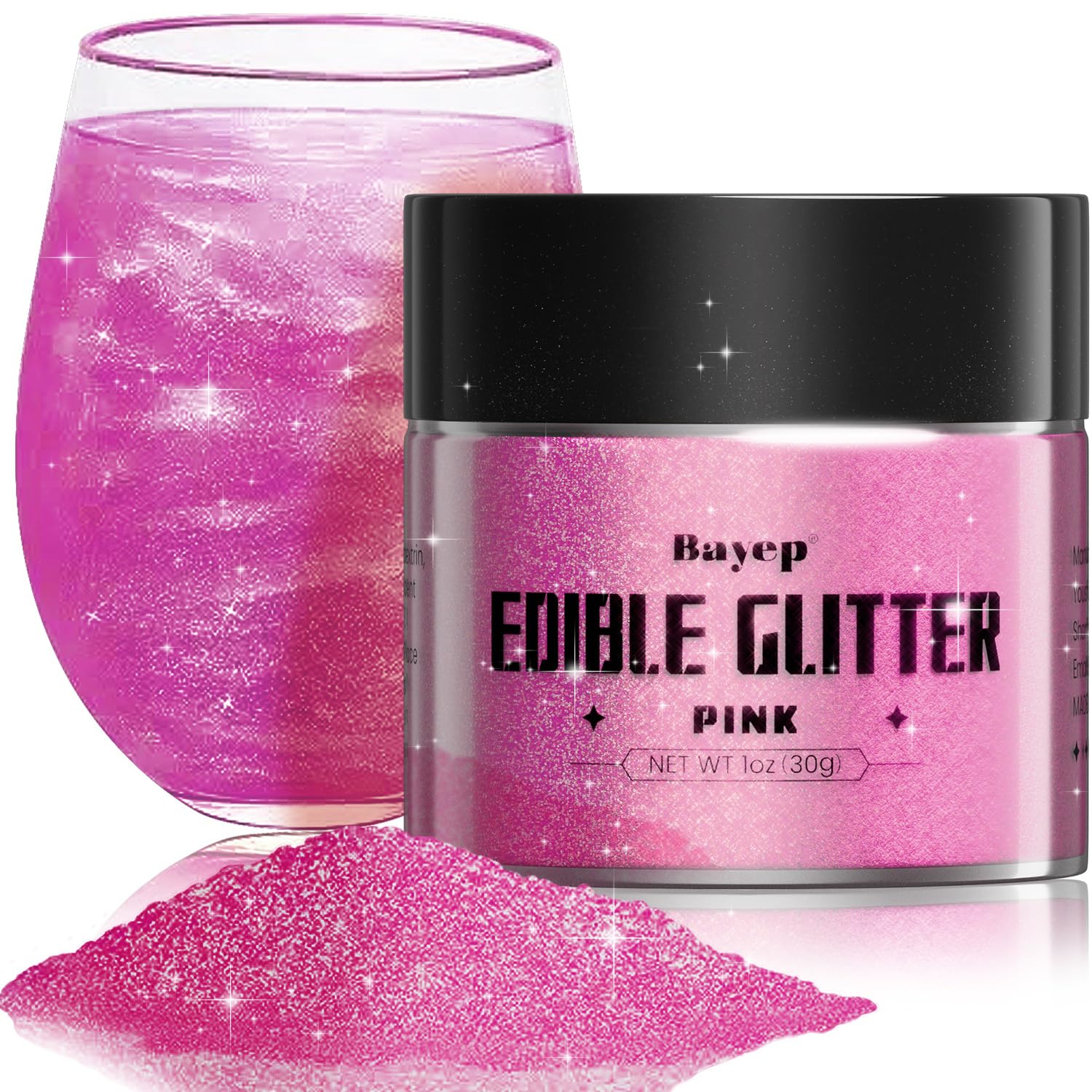 Bayep Shimmer Pink Edible Glitter for Drinks, 30g Luster Dust for Cakes and Parties