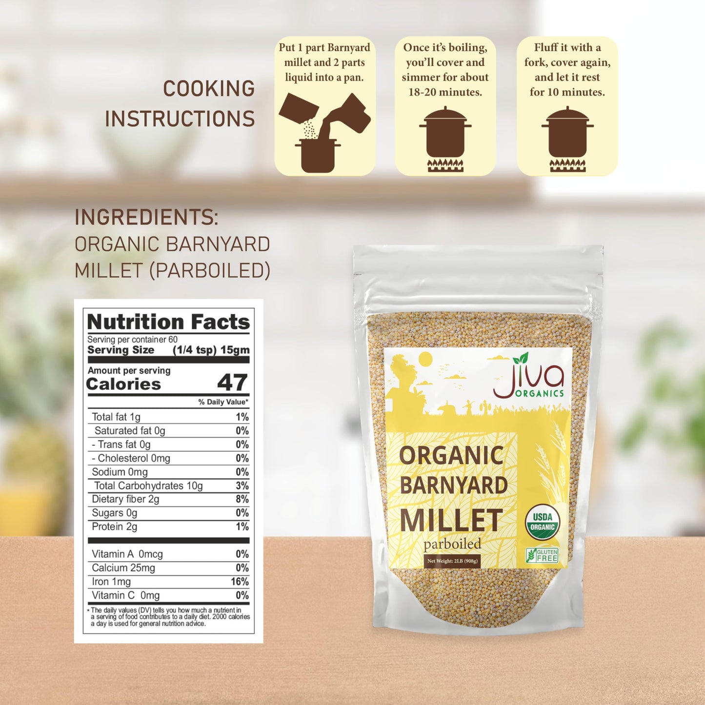 Jiva Organics Barnyard Millet | Gluten-Free, Non-GMO Superfood | 2 LB Bag