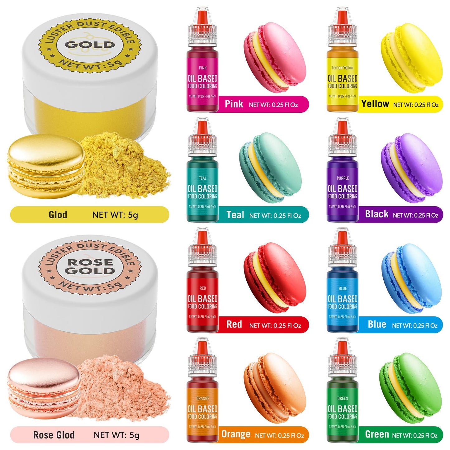 Luster Dust 2 Color & Oil Based Food Coloring For Chocolate 8 Color Set, Edible Food Dye And Shimmer Cake Dust Metallic Food Col