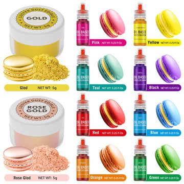Luster Dust 2 Color & Oil Based Food Coloring For Chocolate 8 Color Set, Edible Food Dye And Shimmer Cake Dust Metallic Food Col