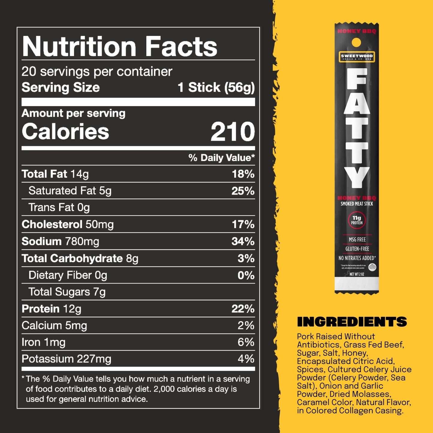American Made Sweetwood Smokehouse FATTY Meat Jerk Sticks, Grass-Fed Beef, Honey BBQ Flavor, High Protein Snack, 2 Ounce (Pack of 5)