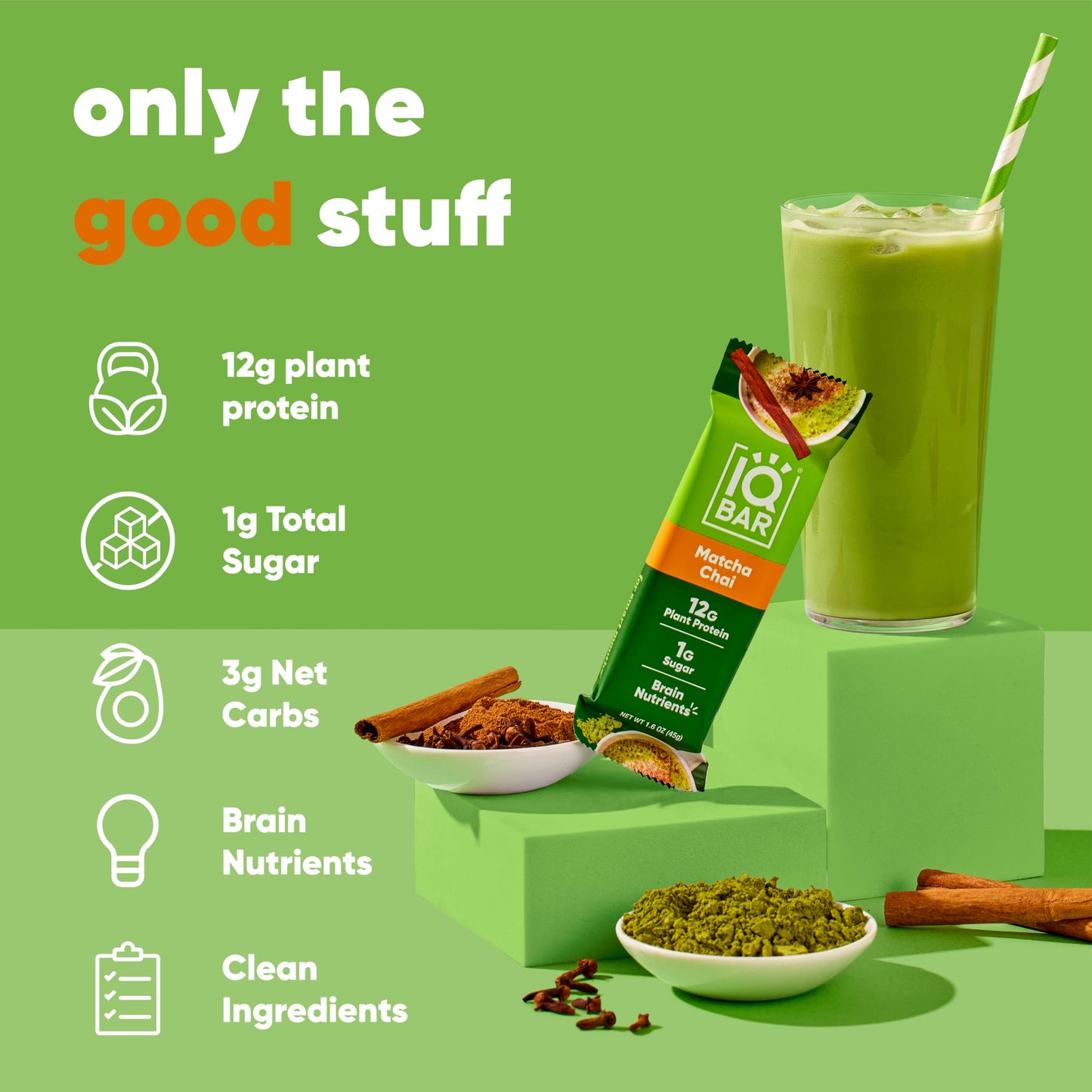 Iqbar Brain And Body Plant Protein Bars - Matcha Chai - 12 Count, Low Carb, High Fiber, Gluten Free, Healthy Vegan Snacks - Low