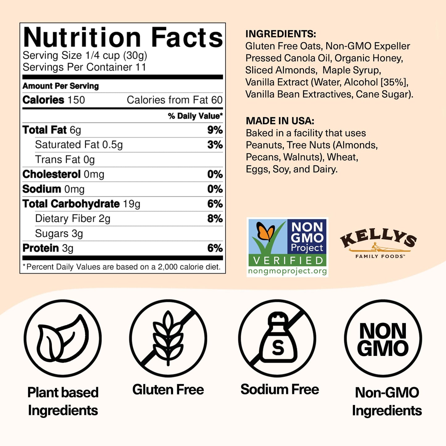 Kellys Four Plus Granola Cereal, Vanilla Almond, Non-GMO, Low Sugar, Gluten Free, 12oz (Pack of 4)