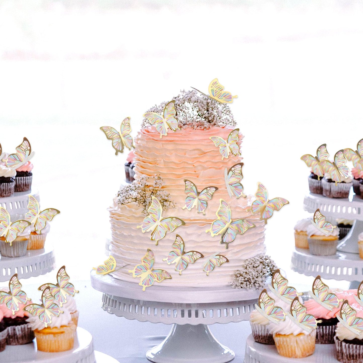 Cyodoos 30Pcs Color Gold Edge Mixed Size Lively 3D Waterproof Butterfly Cupcake Topper For Girls Women'S Happy Birthday Wedding
