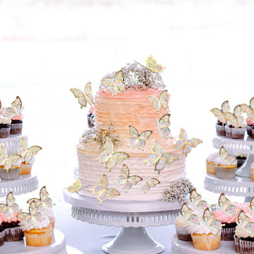 Cyodoos 30Pcs Color Gold Edge Mixed Size Lively 3D Waterproof Butterfly Cupcake Topper For Girls Women'S Happy Birthday Wedding