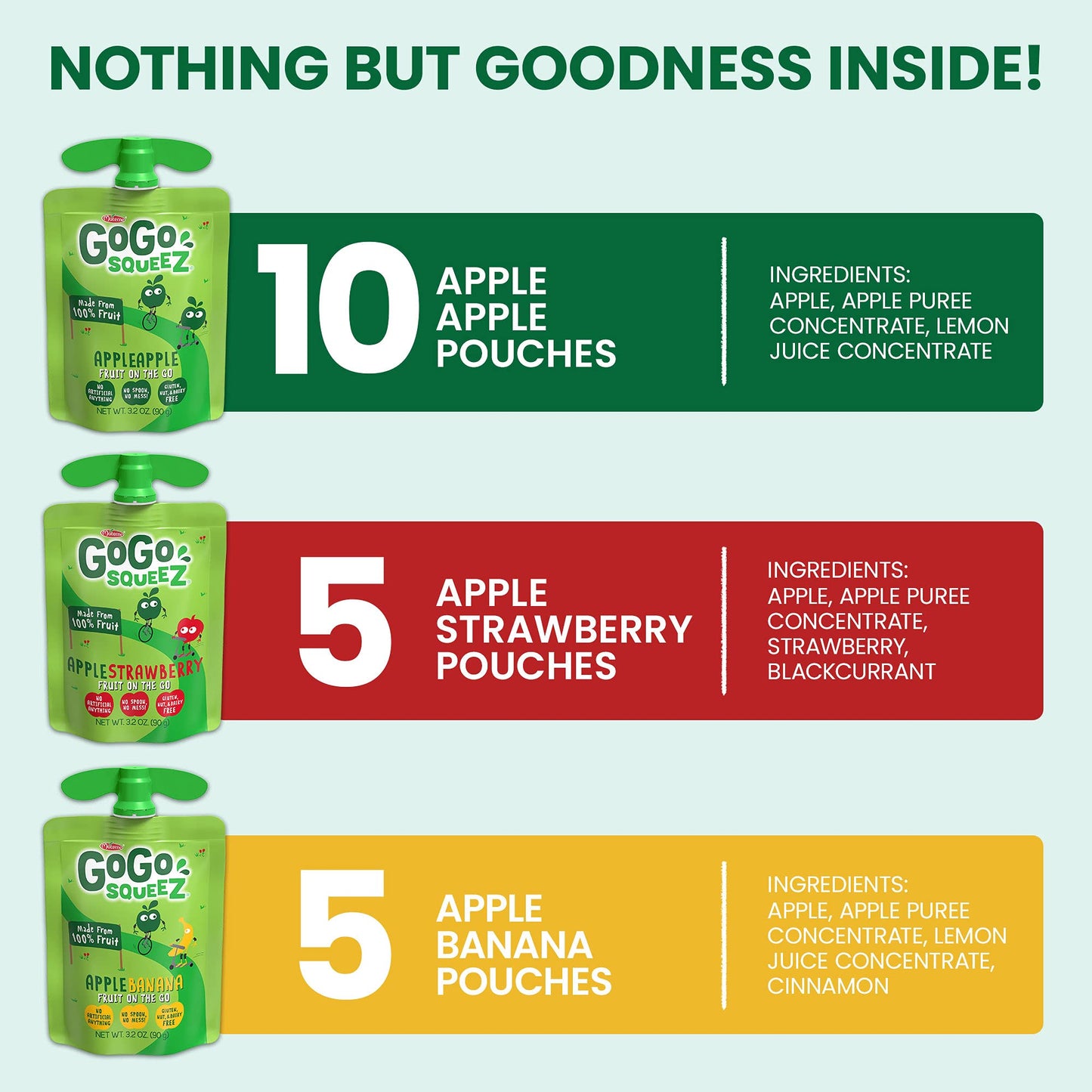 GoGo squeeZ Applesauce Variety Pack, Apple Banana Strawberry, 3.2 oz (Pack of 20), Gluten Free, Nut Free, BPA Free