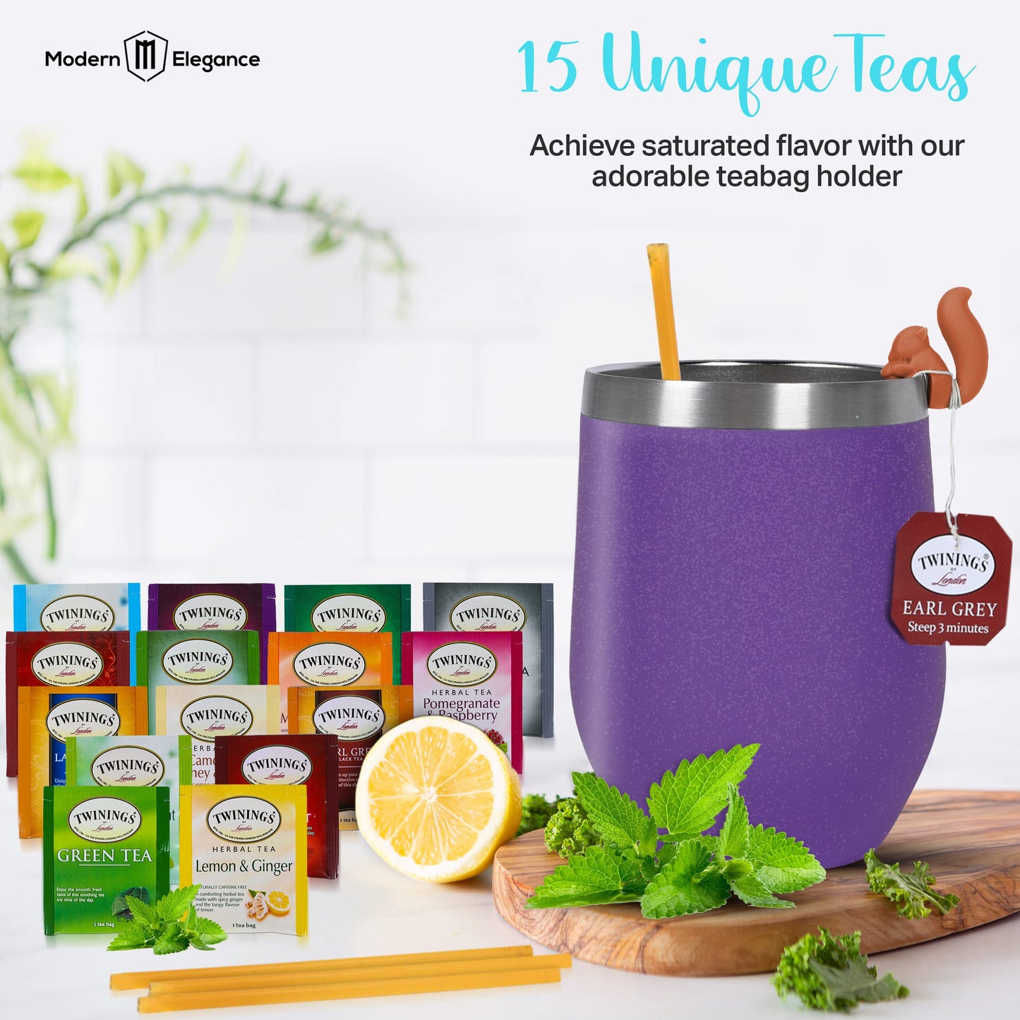 Modern Elegance Tea Gift Set, Includes 15 Teas, Stainless Steel Tumbler, Honey Straws, Tea Spoon Squeezer, Squirrel Tea Bag Hold
