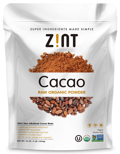 Zint Organic Cacao Powder (16 oz): Raw Non-Alkalized Chocolate With Powerful Antioxidants and Resveratrol