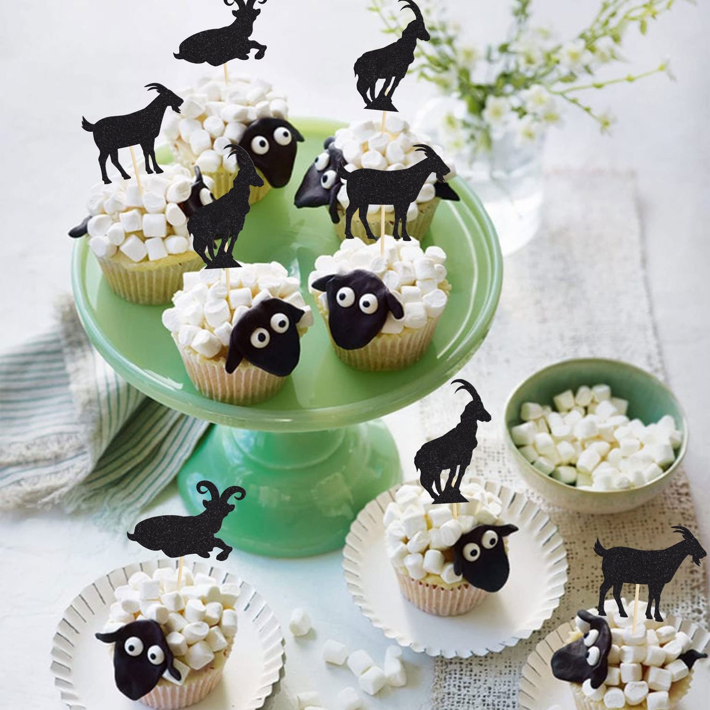 Gyufise 24Pcs Goat Cupcake Toppers Black Glitter Sheep Cupcake Picks Animal Goat Cake Decorations For Baby Shower Kids Birthday