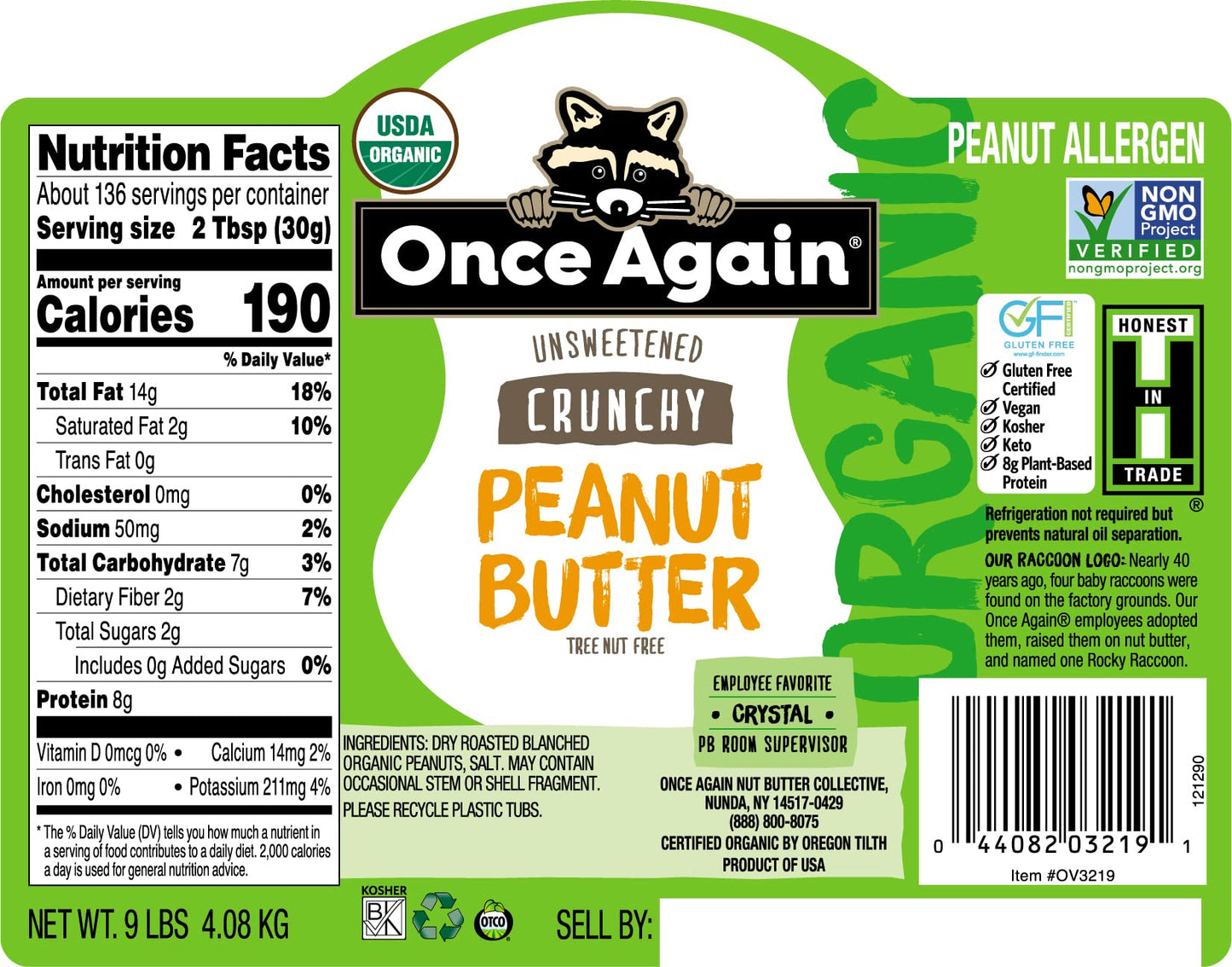 Once Again Organic Crunchy Peanut Butter, 9Lb Bucket (Same As 9 Jars) - Lightly Salted, Unsweetened - Usda Organic, Gluten Free