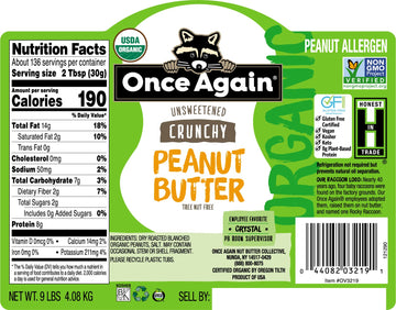 Once Again Organic Crunchy Peanut Butter, 9Lb Bucket (Same As 9 Jars) - Lightly Salted, Unsweetened - Usda Organic, Gluten Free