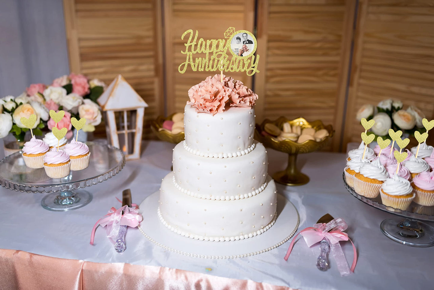 Sumerk Gold Glitter Anniversary Cake Topper - 13 PCS, Medium, Wood, Happy Anniversary Decorations