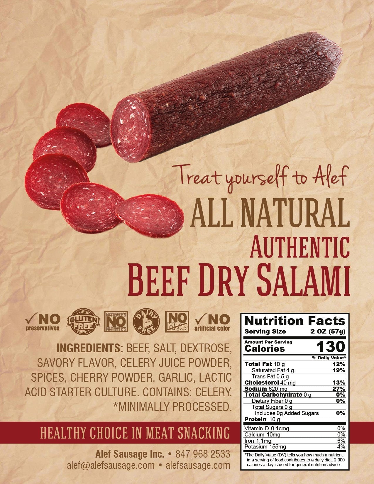 ALEF Uncured Beef Dry Salami, Nitrate-Free, MSG-Free, Gluten-Free, 4 oz. (Pack of 3)