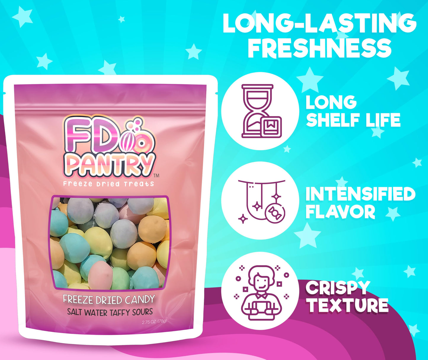 Sour Freeze Dried Candy - Freeze Dried Salt Water Taffy Treats (Sours 2.75 Oz)