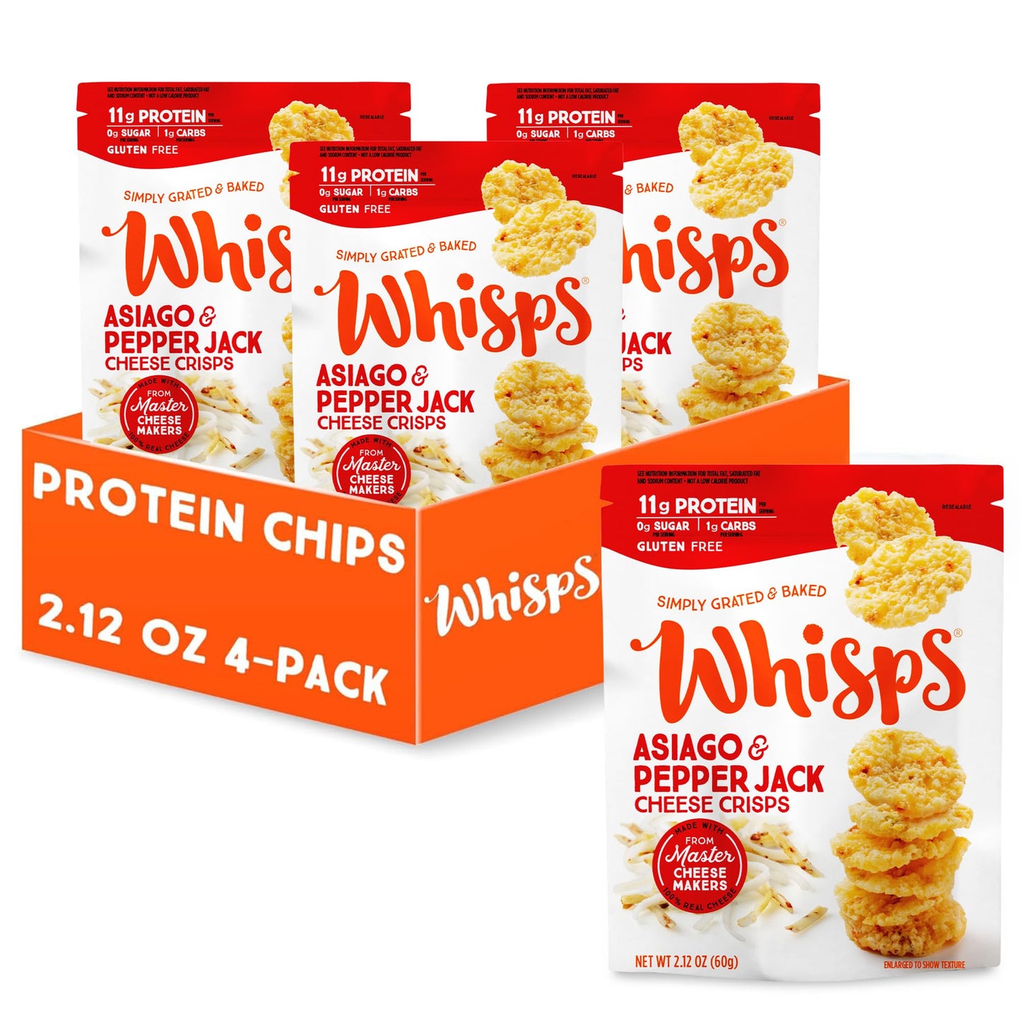 Whisps Cheese Crisps Asiago & Pepper Jack - Keto Snack, Gluten Free, High Protein, 2.12 Oz (Pack of 4)