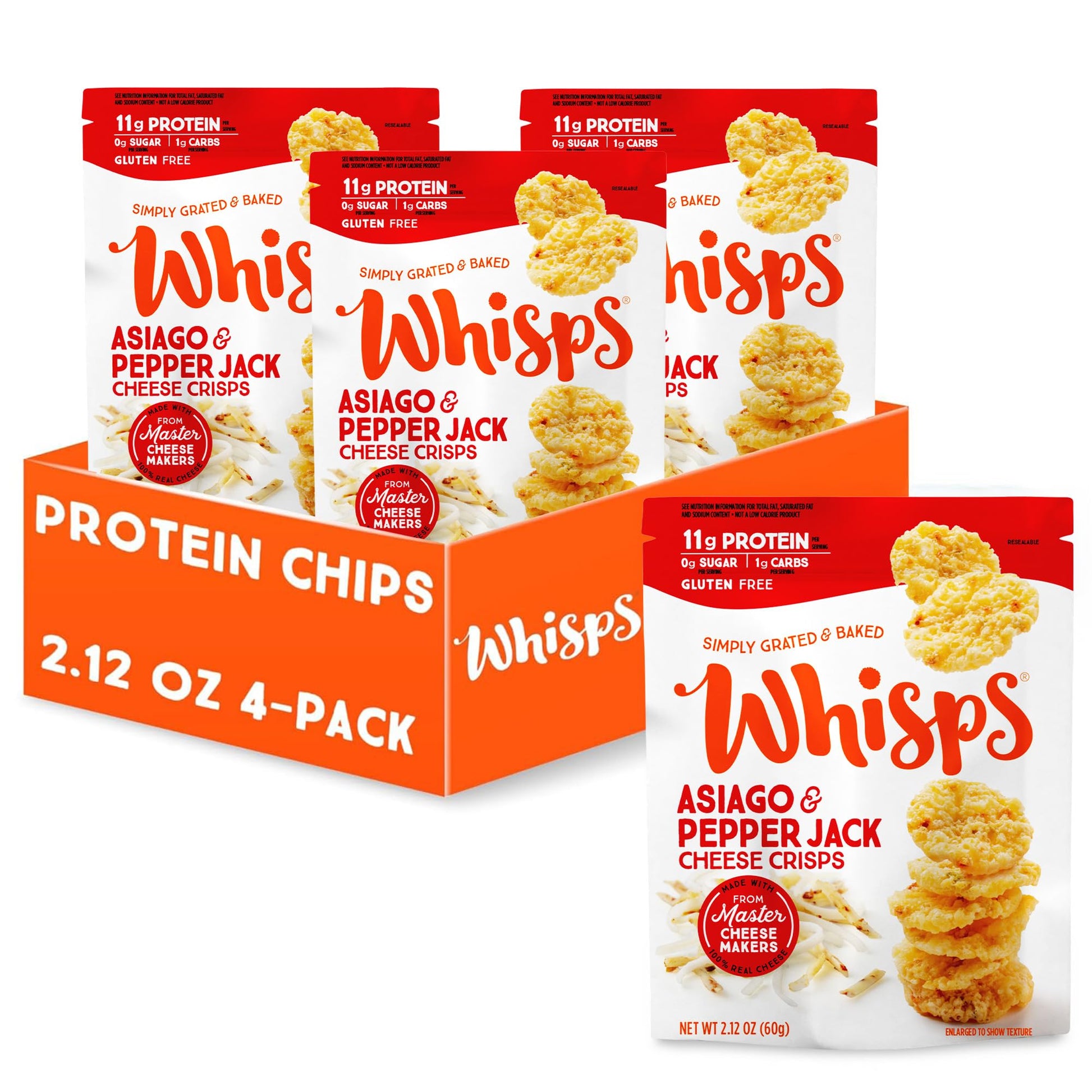 Whisps Cheese Crisps Asiago & Pepper Jack - Keto Snack, Gluten Free, High Protein, 2.12 Oz (Pack of 4)