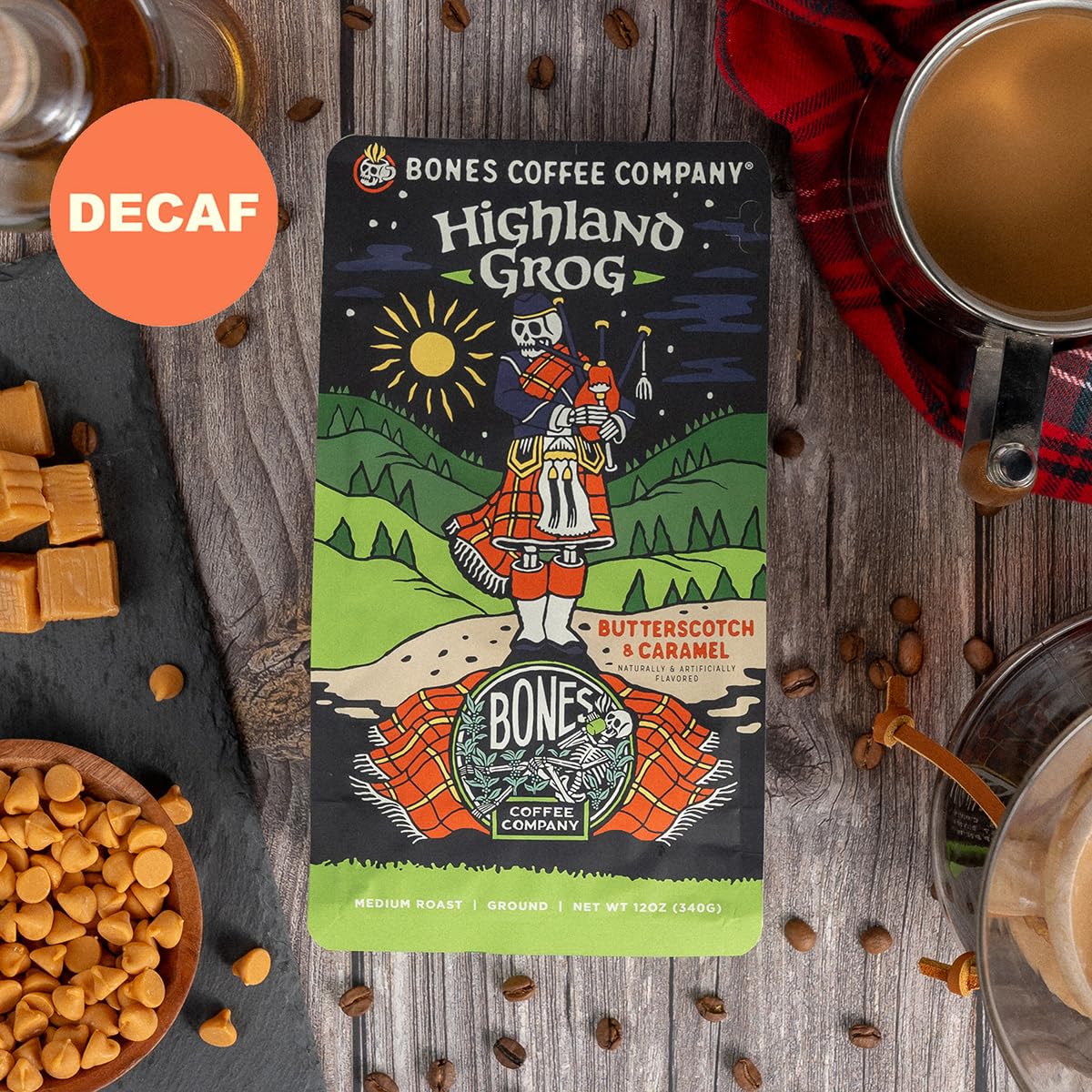 Bones Coffee Company Decaf Highland Grog Whole Coffee Beans Butterscotch Caramel Flavor, Low Acid Flavored Coffee, Made With Ara