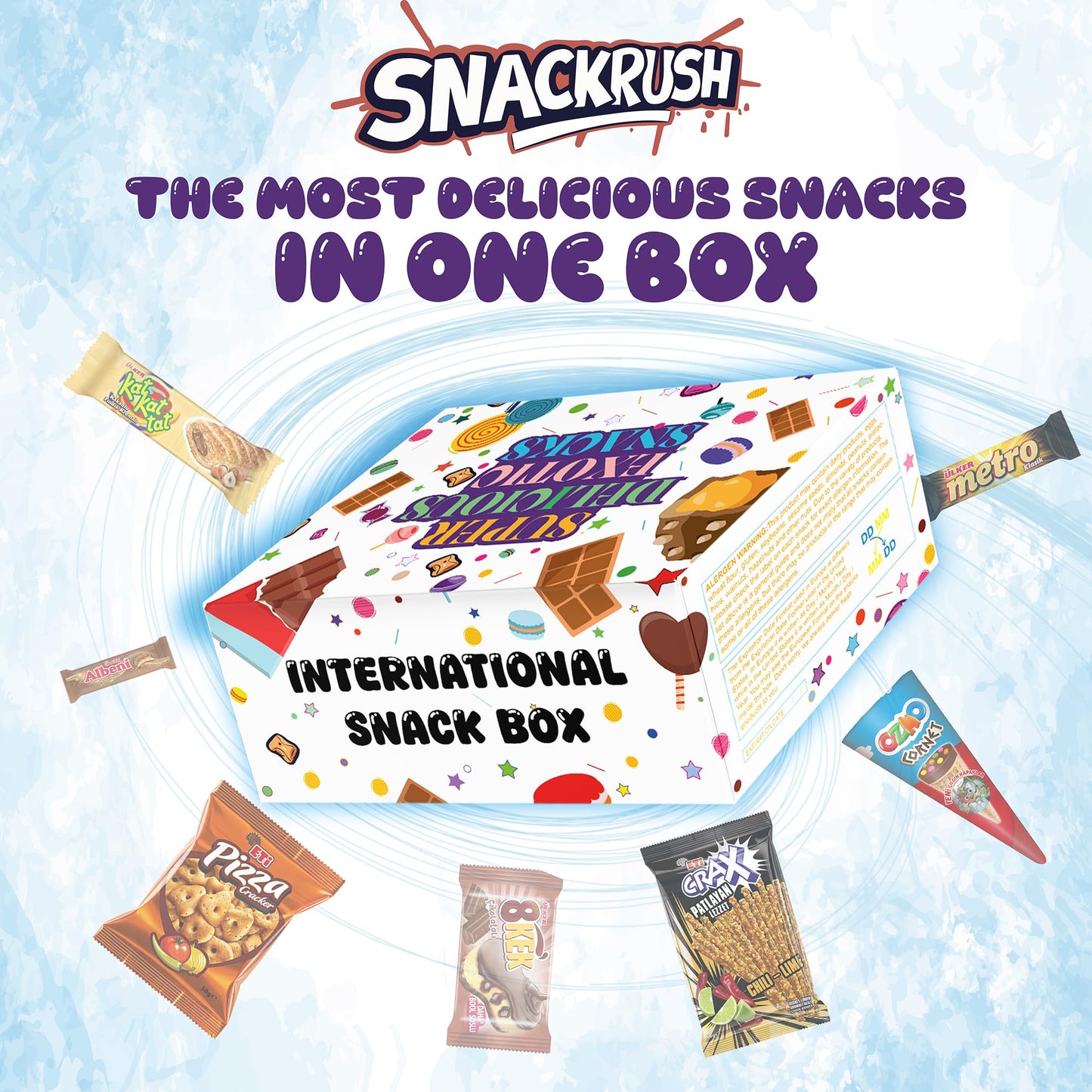 International Snack Box by SnackRush | 34+ Unique Snacks | Mega Size | Multicolor Treats for Adults & Kids